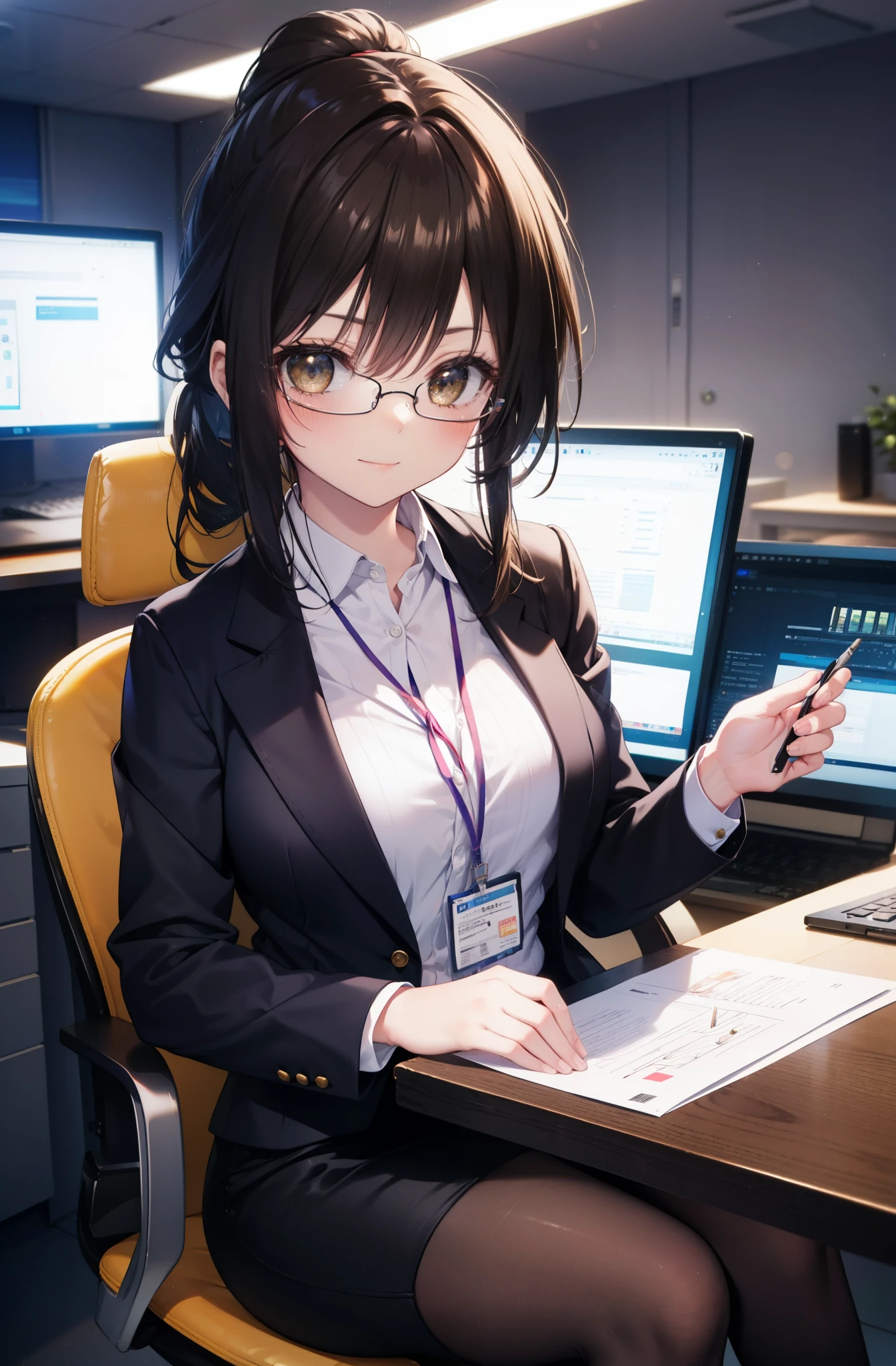kotegawayui, Yui Kotegawa, black hair, (brown eyes:1.5), smile,blush,ponytail,long hair, OL, Black Abyss glasses, end, black suit jacket, collared jacket, white dress shirt, collared shirt, neckline, button, strap, ID card on neck, black pencil skirt, black pantyhose, smile, blush, looking at the viewer, Charm, Mechanical,on your computer,sitting in a chair, interior,ブラインドタッチ
break looking at viewer,
break indoors, office,
break (masterpiece:1.2), highest quality, High resolution, unity 8k wallpaper, (figure:0.8), (detailed and beautiful eyes:1.6), highly detailed face, perfect lighting, Very detailed CG, (perfect hands, perfect anatomy),