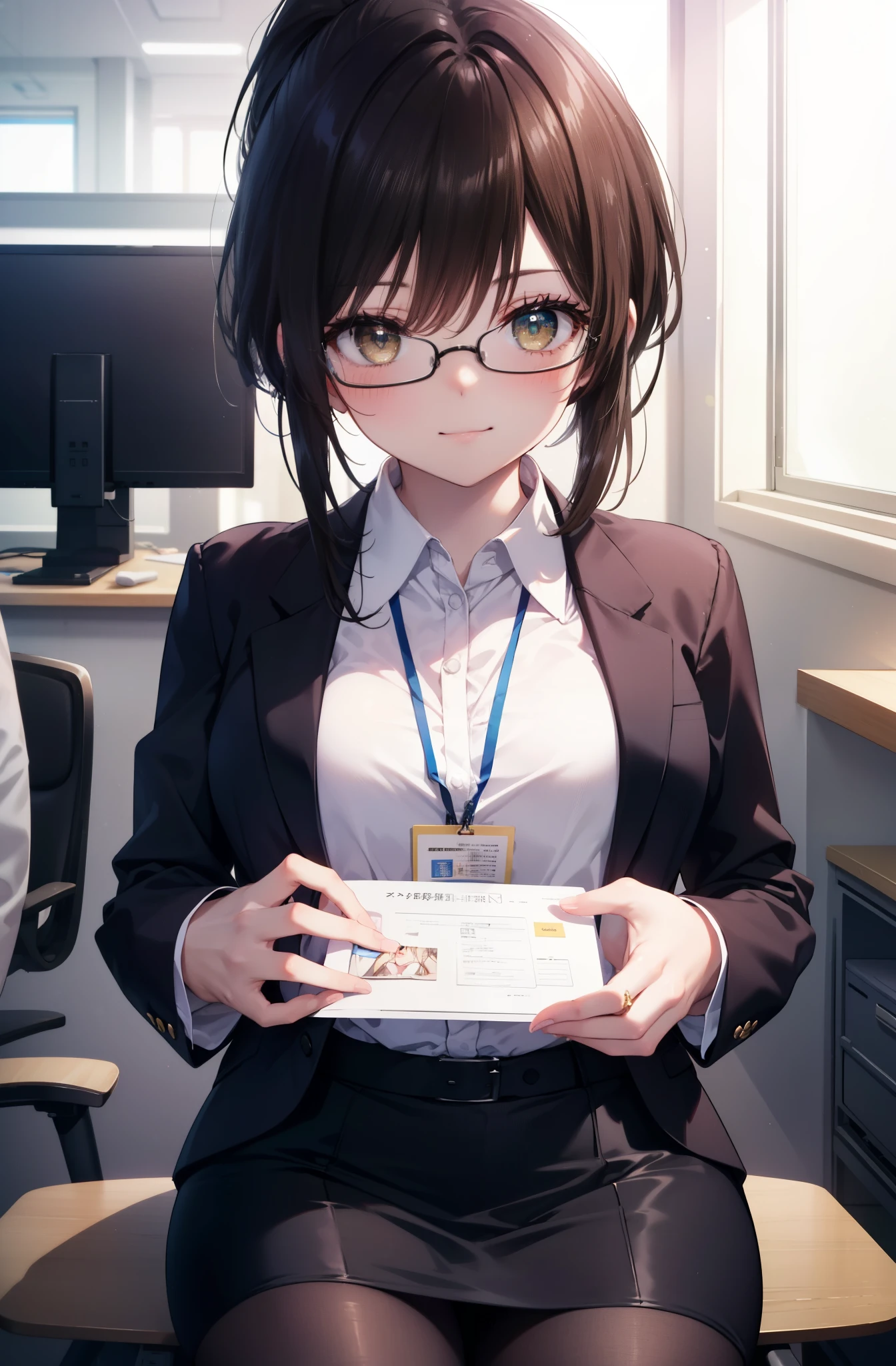 kotegawayui, Yui Kotegawa, black hair, (brown eyes:1.5), smile,blush,ponytail,long hair, OL, Black Abyss glasses, end, black suit jacket, collared jacket, white dress shirt, collared shirt, neckline, button, strap, ID card on neck, black pencil skirt, black pantyhose, smile, blush, looking at the viewer, Charm, Mechanical,on your computer,sitting in a chair, interior,ブラインドタッチ
break looking at viewer,
break indoors, office,
break (masterpiece:1.2), highest quality, High resolution, unity 8k wallpaper, (figure:0.8), (detailed and beautiful eyes:1.6), highly detailed face, perfect lighting, Very detailed CG, (perfect hands, perfect anatomy),