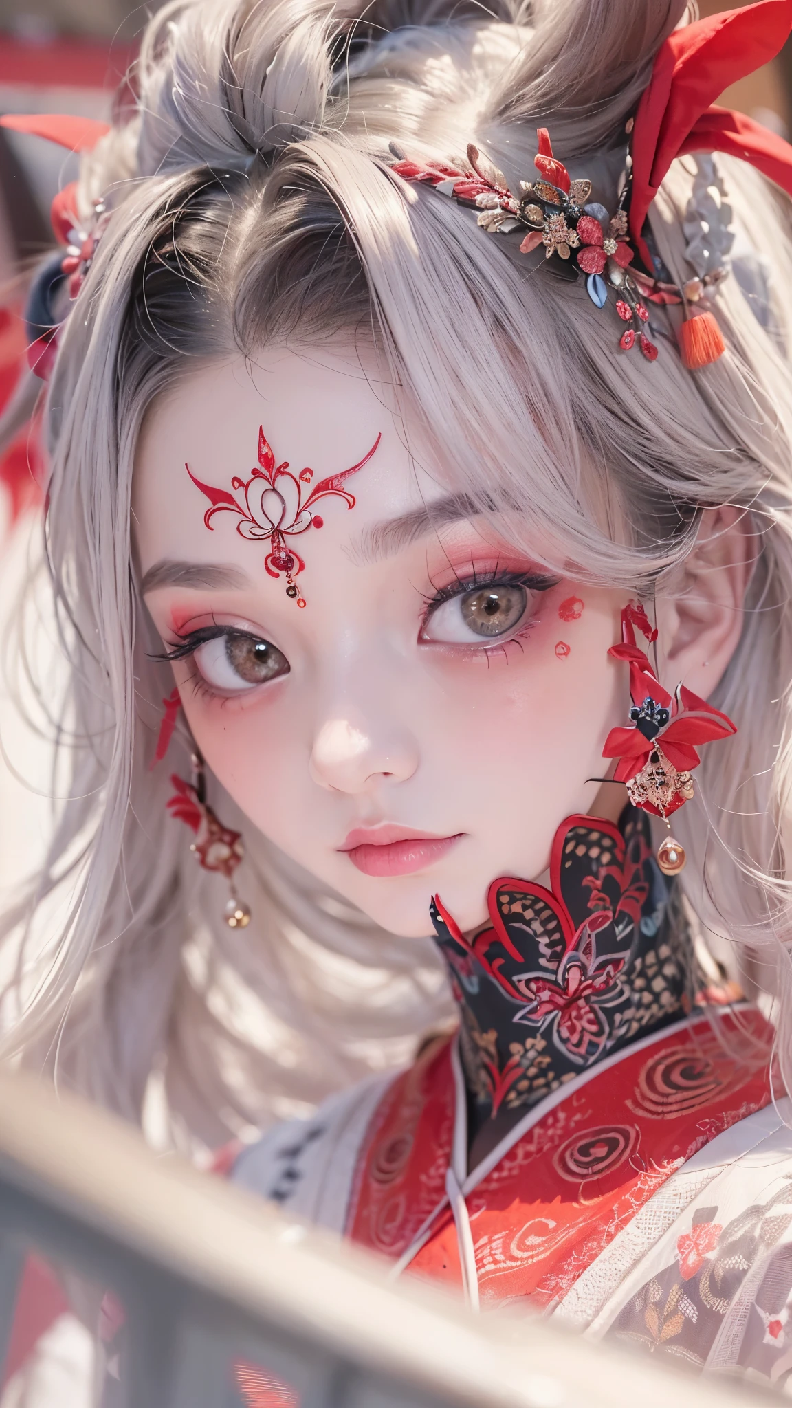 (masterpiece\_portrait, distinct, distinct\_image, highres, high\_resolution, high\_quality, high\_quality\_anime, super\_detail, hyper\_detail, ultra high definition, Super facial detail, face art, 알굴 make-up, pale face, red lips, forehead make-up, 눈 make-up, intricate pattern on face, 8k, 1\_person, face enlargement, Chinese makeup, Japanese anime makeover, exquisite make-up, art, art, painting on face, face art, Demon Slayer's Blade, Akaza, fixing your, Real people, realistic,