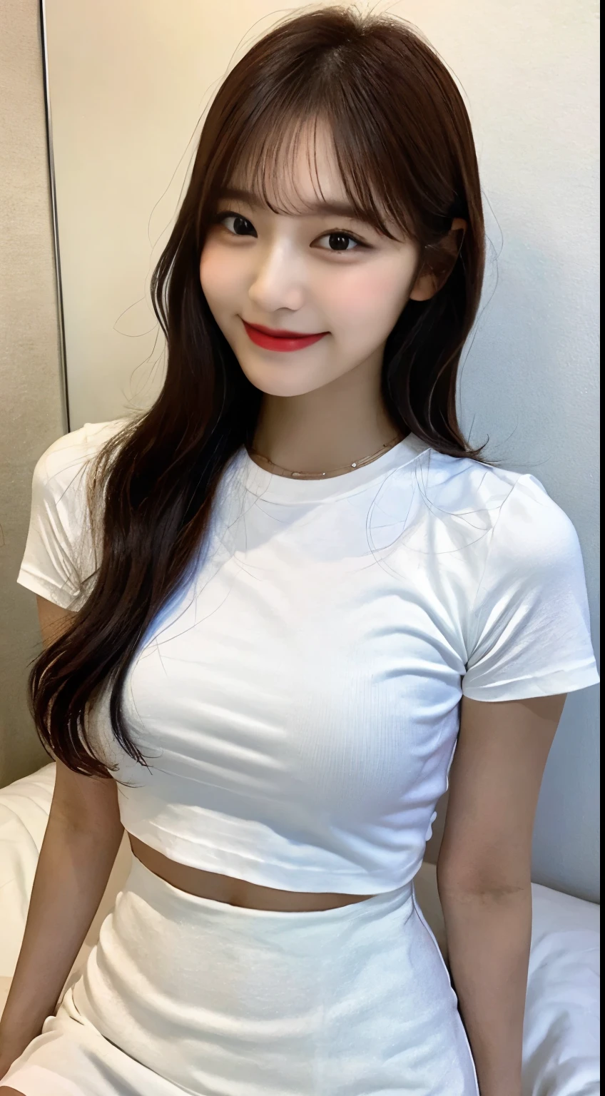 white tight shirt、white tight mini skirt、bed、smile、short sleeve、high resolution、Korean idol face
