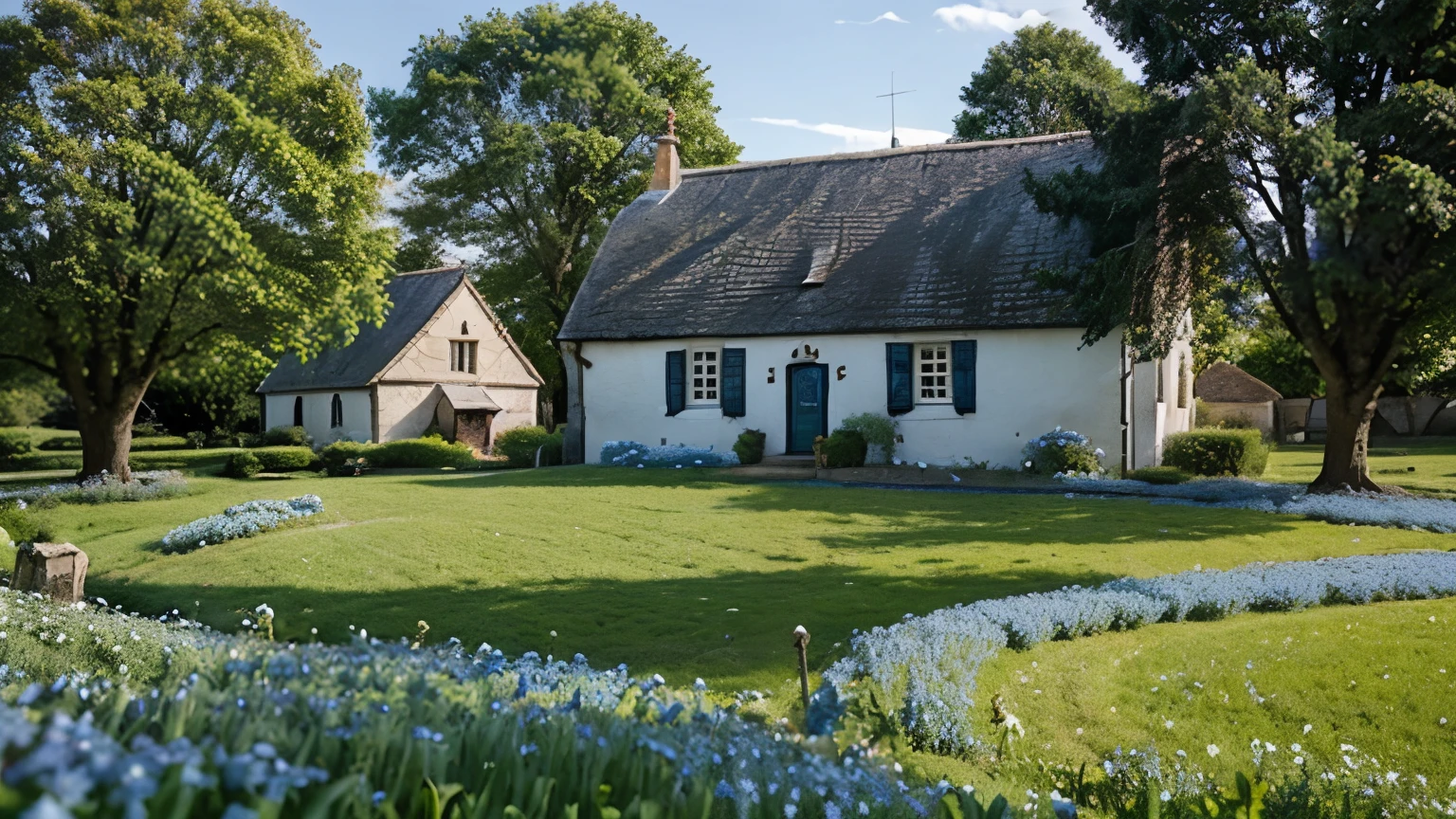 A quaint village church surrounded by a carpet of blue forget-me-nots, symbolizing the renewal of spring.