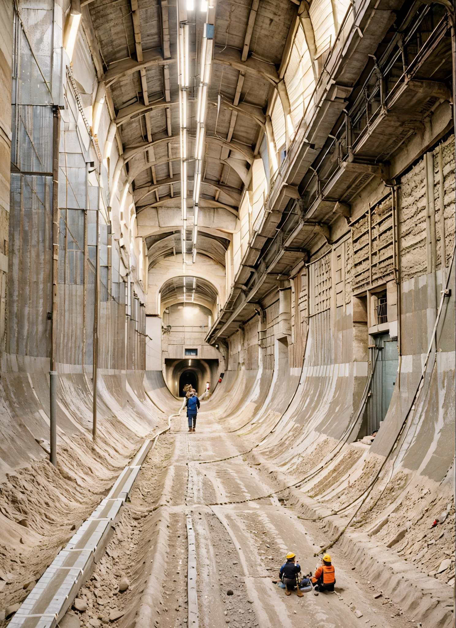 arafed view of a tunnel with small workers working on the giant construction, inside the giant tunnel, underground facility, photo taken in 2 0 2 0, tunnels lead to different worlds, underground tunnel, taken in 2022, the photo shows a large, photo taken in 2018, looking towards camera, cavernous interior wide shot, symetrical