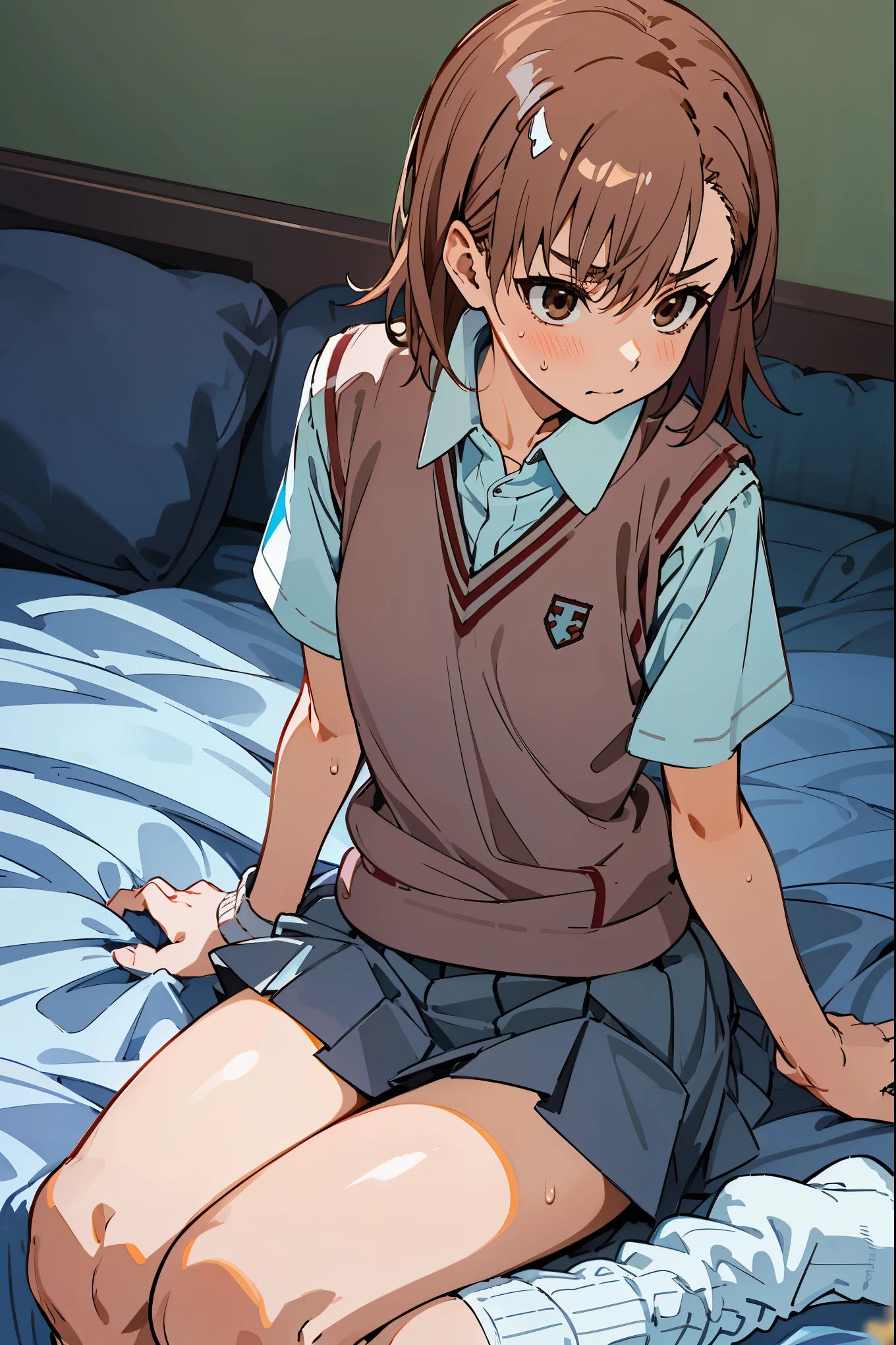  masterpiece,beste Quality, Misaka_mikoto,solo, brown eyes, Short_Hair, Small_Breast, cowboy shot,shoot from front,Student uniforms, tokiwadai_School_uniform, white shirt, Sweater Vest, Gray miniskirt, , White loose socks, sitting,sweat,simple bed、simple bedroom、