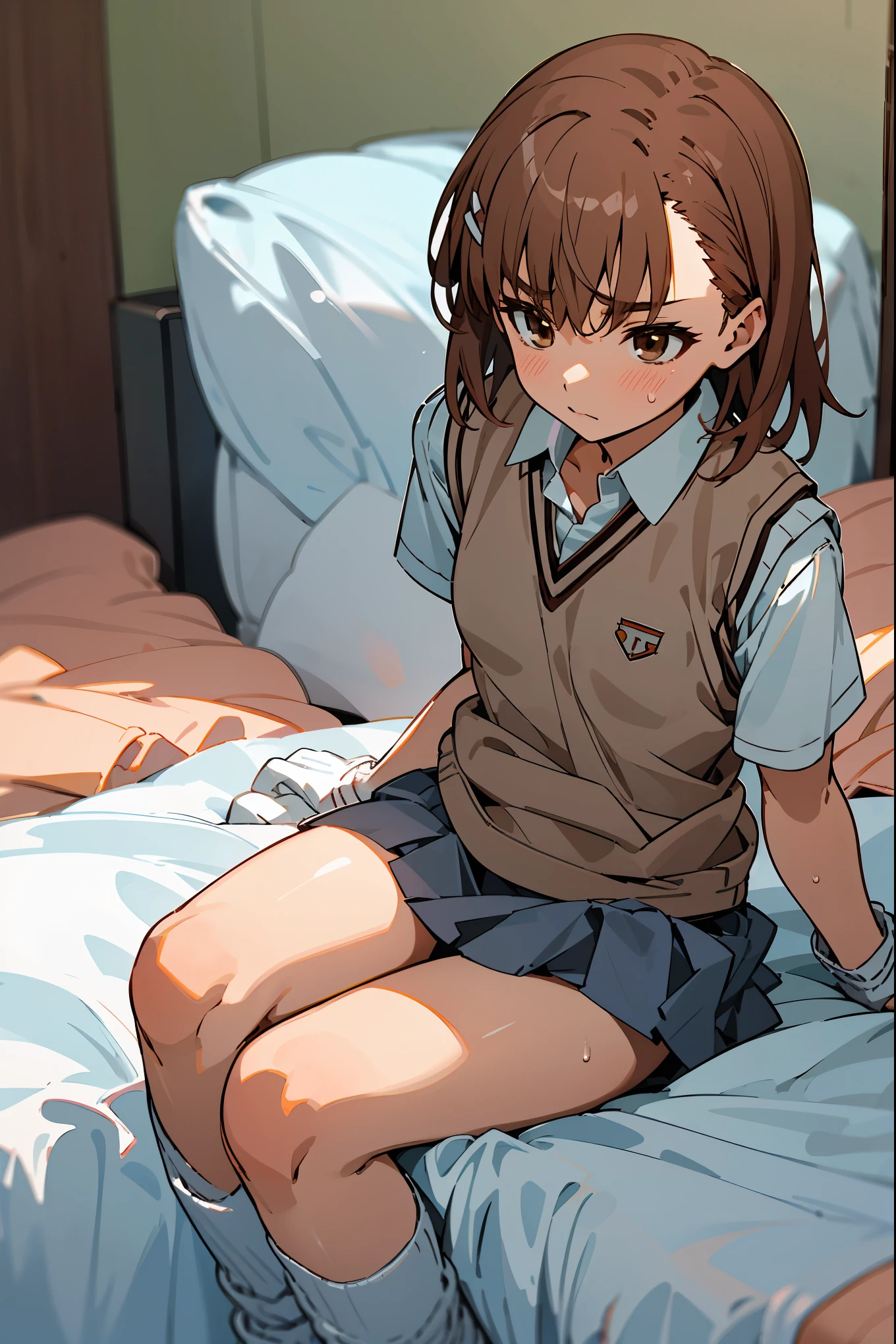  masterpiece,beste Quality, Misaka_mikoto,solo, brown eyes, Short_Hair, Small_Breast, cowboy shot,shoot from front,Student uniforms, tokiwadai_School_uniform, white shirt, Sweater Vest, Gray miniskirt, , White loose socks, sitting,sweat,simple bed、simple bedroom、