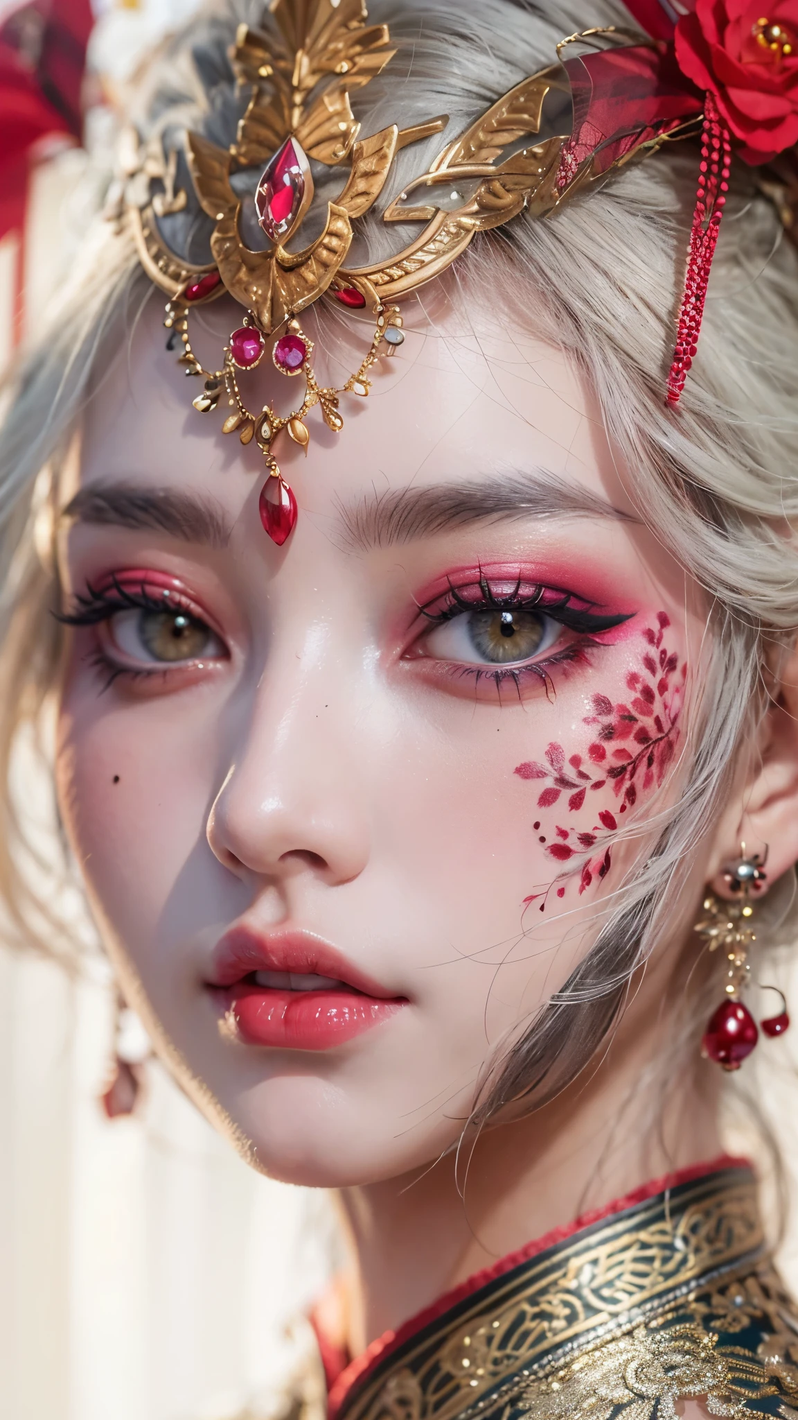 (masterpiece\_portrait, distinct, distinct\_image, highres, high\_resolution, high\_quality, high\_quality\_anime, super\_detail, hyper\_detail, ultra high definition, Super facial detail, face art, 알굴 make-up, pale face, red lips, forehead make-up, 눈 make-up, intricate pattern on face, 8k, 1\_person, face enlargement, Chinese makeup, Japanese anime makeover, exquisite make-up, art, art, painting on face, face art, Demon Slayer's Blade, Akaza, fixing your, Real people, realistic,