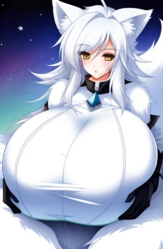 female arctic fox, gigantic breasts, huge breasts, large breasts, big breasts, breasts,