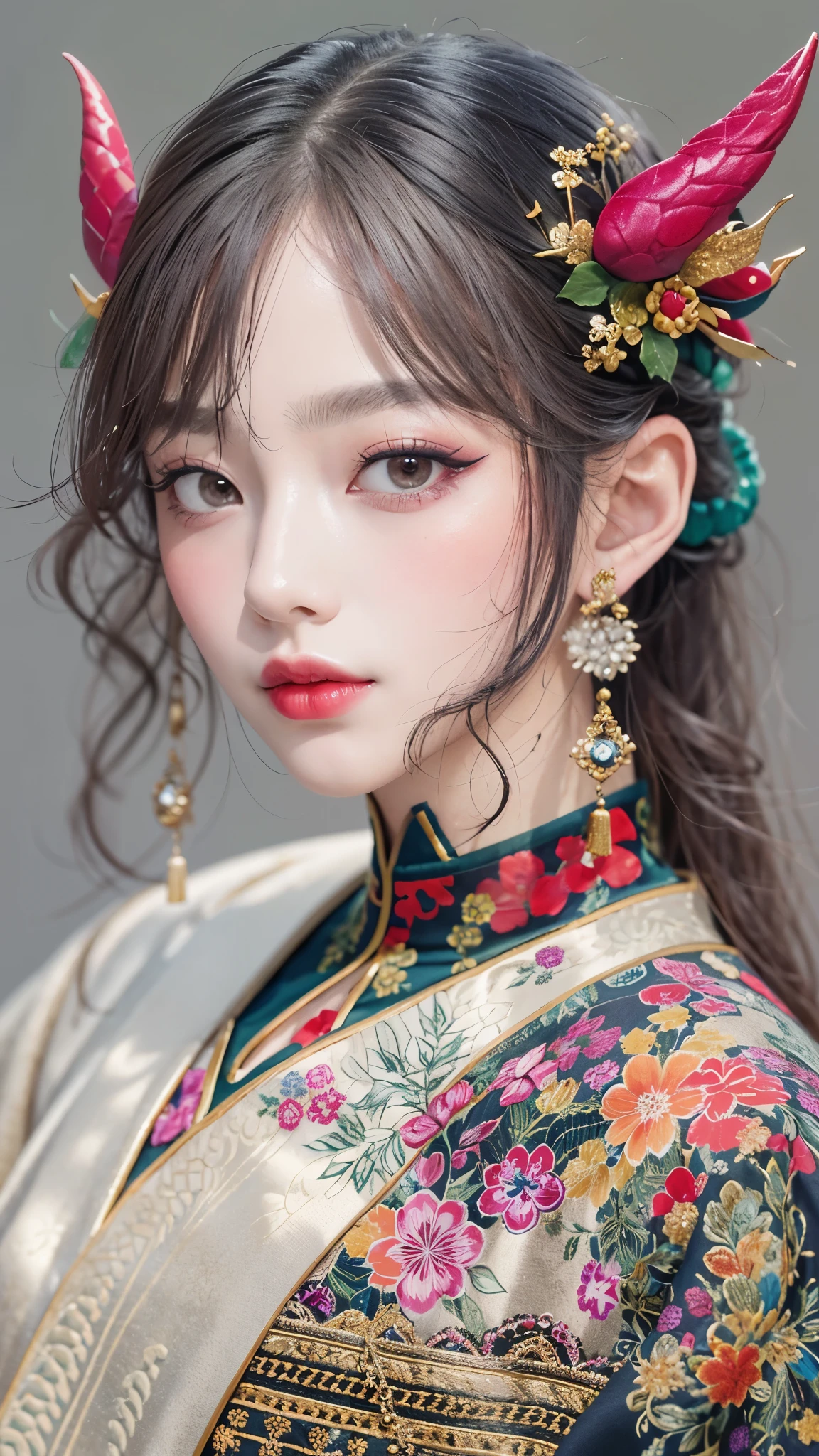 (masterpiece\_portrait, distinct, distinct\_image, highres, high\_resolution, high\_quality, high\_quality\_anime, super\_detail, hyper\_detail, ultra high definition, Super facial detail, face art, 알굴 make-up, pale face, red lips, forehead make-up, 눈 make-up, intricate pattern on face, 8k, 1\_person, face enlargement, Chinese makeup, Japanese anime makeover, exquisite make-up, art, art, painting on face, face art, Demon Slayer's Blade, Akaza, fixing your, Real people, realistic,