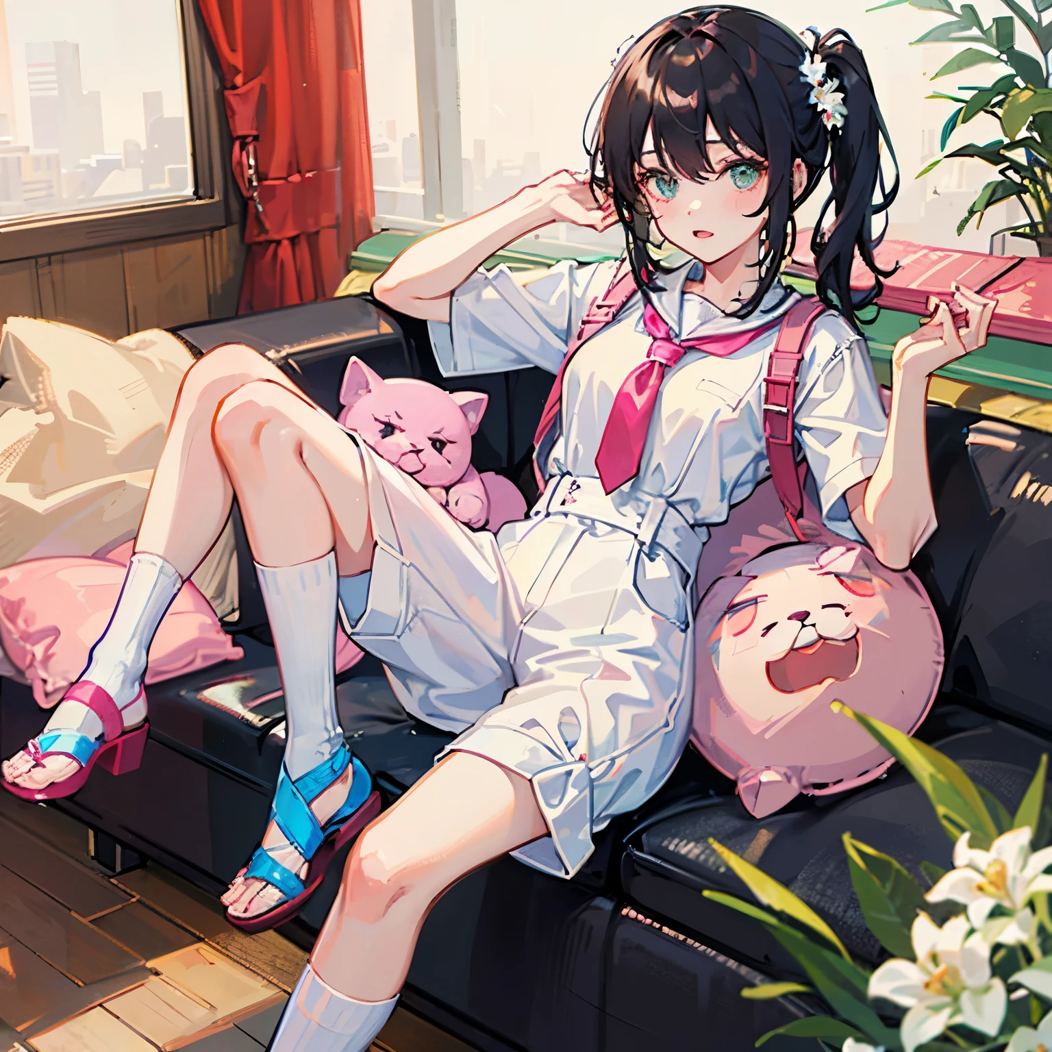 1 girl, late , black hair, black ponytails, light beige leather, White T-shirt, blue jumpsuit with pink flower brooch, socks with pink stripe, blue sandals, wears a scarlet backpack on his back, green sketchbook in hand, Looking at the camera, front, 1 result, close-up