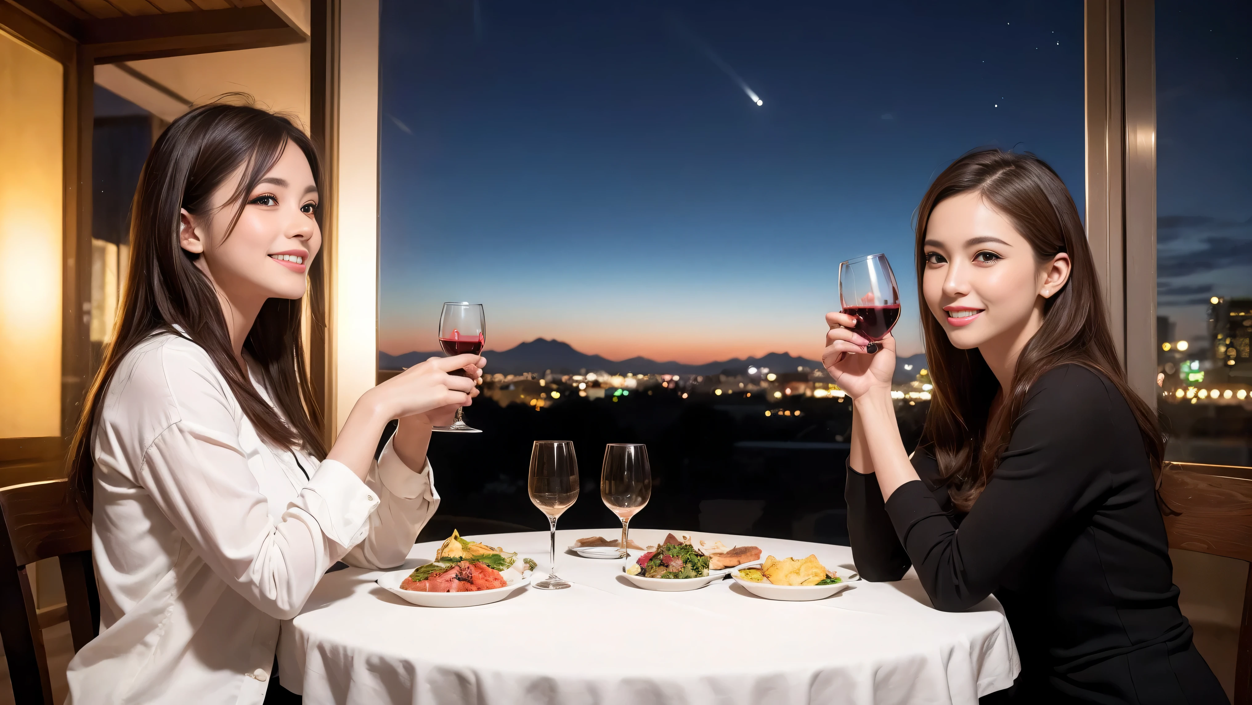 (including 64k, nffsw, highest quality, table top: 1.2), (realistic, photorealistic: 1.37), Spectacular view of the sunset sky and clouds、Amazing mountain views、long sleeve shirt、winter fashion、Columbia、Brazilian、Japanese、Dutch、German、Portuguese、Belgian、Italian、French,Champagne、sparkling wine、 (slimフェイス), (slimボティ), (brown hair), (shortcut), neat beauty、cheeks turn a little red, (35 years old), 38 years old, alone, 窓の外には美しく緻密なnight景が広がります., restaurant, wine glassが座っている, nightに, in a prominent place (from the Upper body) nova frog style, actress, model, Upper body, White wine, slim, wine glass, Super Clean night View, wine glass Put in the Middle, Happy smile, (smile: 1.15), beautiful and detailed eyes, Upper body, bust japan up, night, short, short, actress, model, Upper body, White wine, slim, wine glass, Super Clean night View, wine glass Put in the Middle, Happy smile,