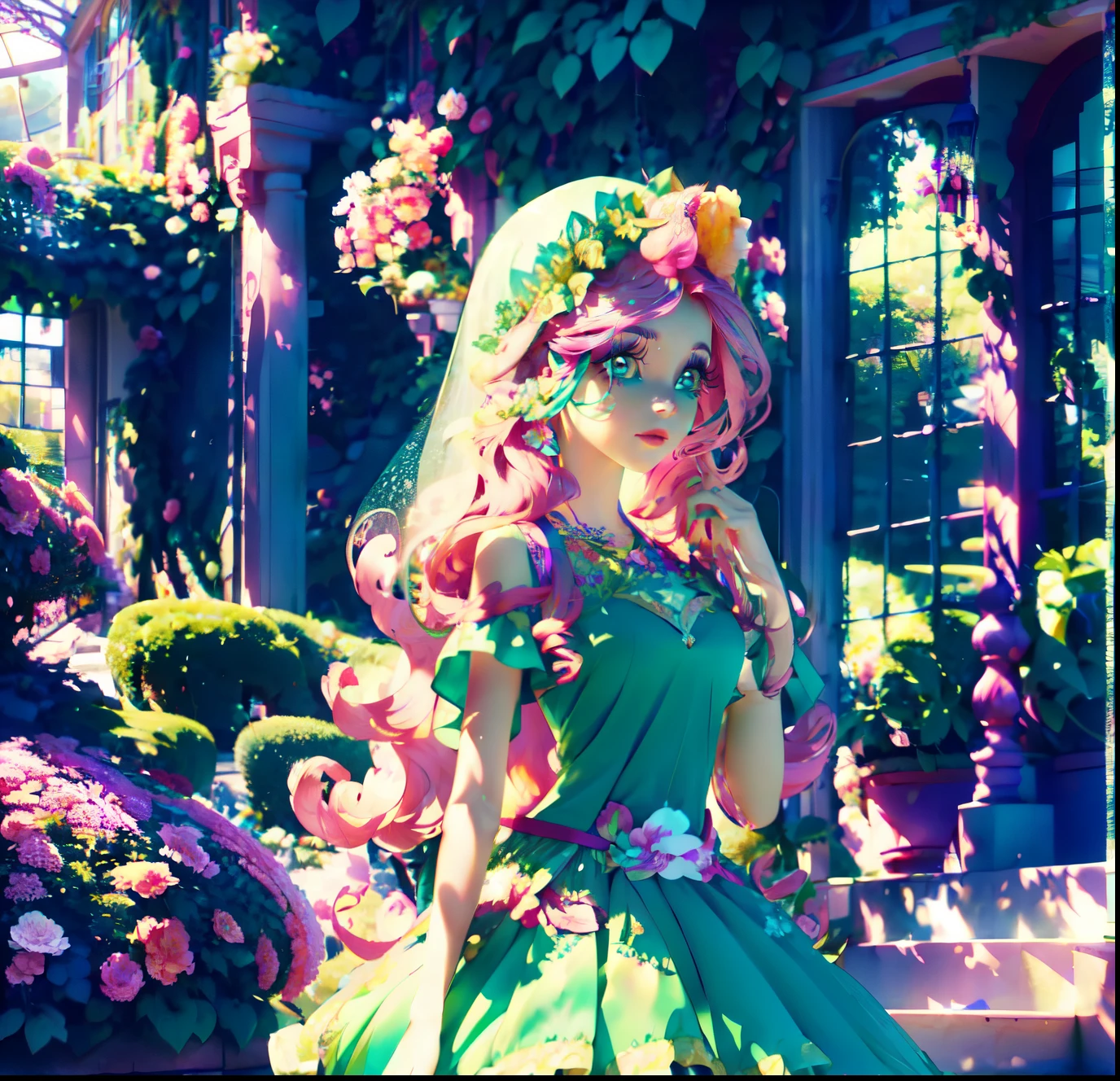 Fluttershy, fluttershy from equestria girls, fluttershy in the form of a young woman, lush breast, (pink long wavy hair), soft shy smile, flowers, butterflies, (top quality, masterpiece, ultra-realistic), ((indoor in a green botanical garden:1.5)), dome, lots of flowers, dense mass plants, ((the background landscape is a garden with petals)), Dahlia peony flowers everywhere, turquoise eyes, ((green dress with butterflies and flower patterns on it)), pink butterfly hair clip, detailed lighting, sunlight, ((yellow pure light)), sitting, heavenly plants, hanging flower pots, pink and green flowers everywhere, flowers in her hair, green glass dome, extremely long wavy pink hair, (light yellow skin 1.5), golden lighting, LAVENDER FLOWER EVERYWHERE, LILAC FLOWERS EVERYWHERE, PINK ROSES EVERYWHERE:1.5, PINK HAIR PINK HAIR PINK HAIR, ((WATER FALLS)), so much foliage:1.5, bushes full of flowers