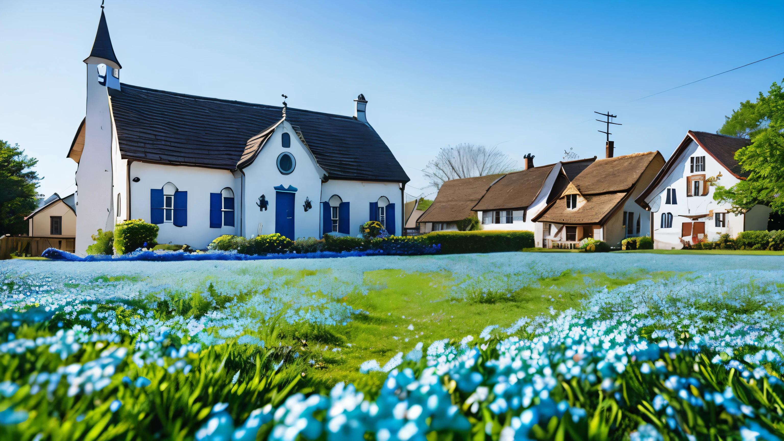 A quaint village church surrounded by a blue forget-me-not carpet., It symbolizes the new beginning of spring..