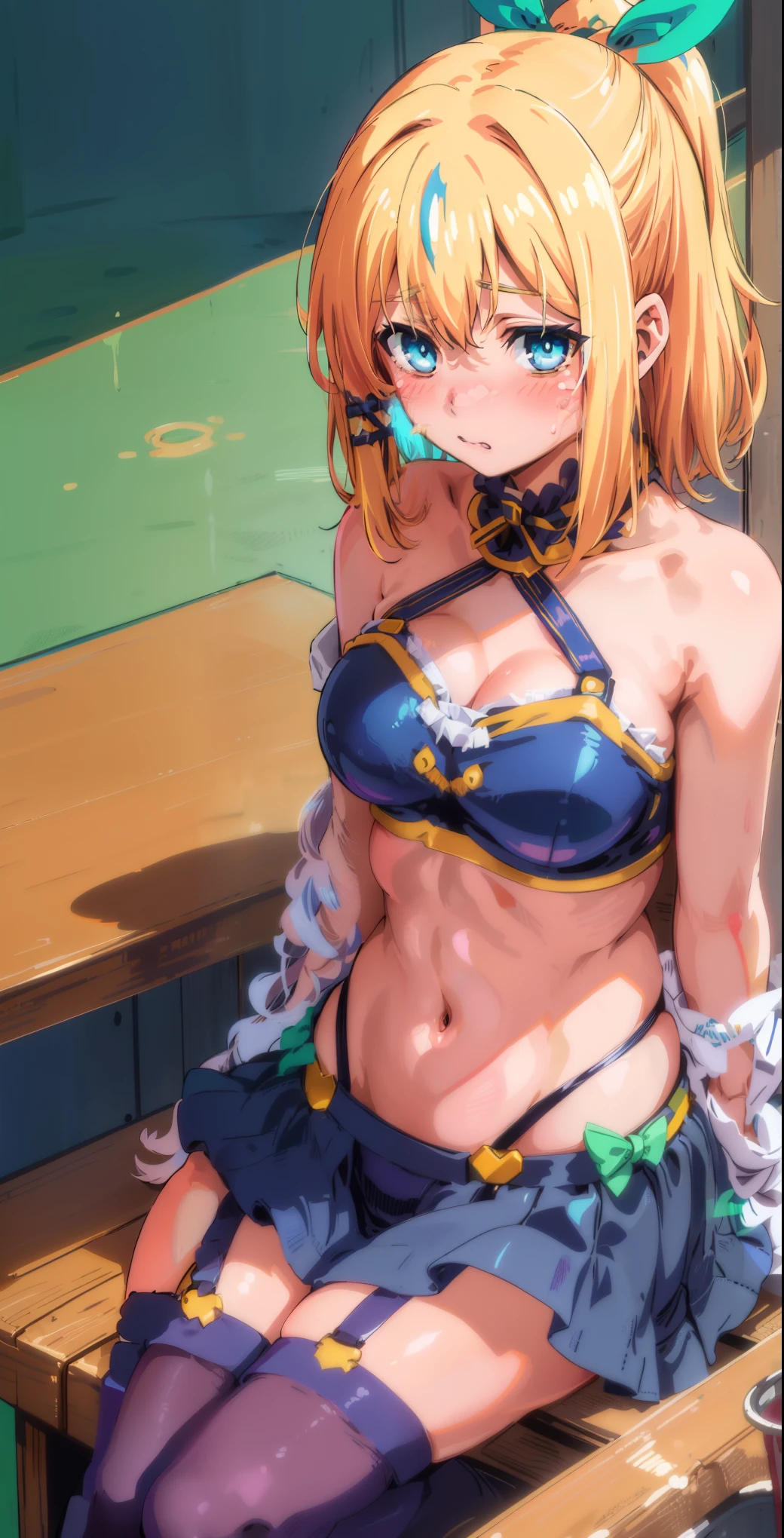 best quality, (masterpiece:1.2), detailed, medieval,
Rumia Tingel,
1girl, solo, ((blush)),
medium hair, blonde hair, short ponytail, blue eyes, green bow, x hair ornament,
((( blue eyes, ultra-detailed eyes))),
Dynamic pose, ((blush)), medium breasts, medium hair, background, perfect anatomy, healthy skin, glowing eyes, cat ears. ((((sitting in a bar)))). (((((Casual clothes, navel, healthy skin))))), confident. (((Dominatrix, authority, merciless)))