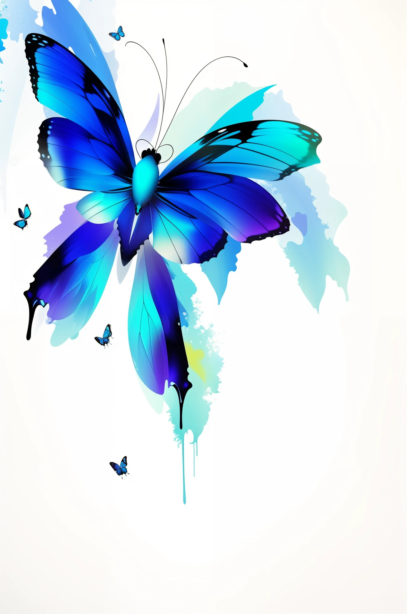 there is a Butterfly with blue wings on a white background, blue colour splash, abstract design. blue, Transparent Background, glowing blue butterflies, abstract design, abstract high quality, The background is white, Butterfly, wallpaper art, Black background, Cool background, blue colored, harmony of Butterfly, Very beautiful digital art, Wallpapers – 1 0 2 4, abstract wallpaper design