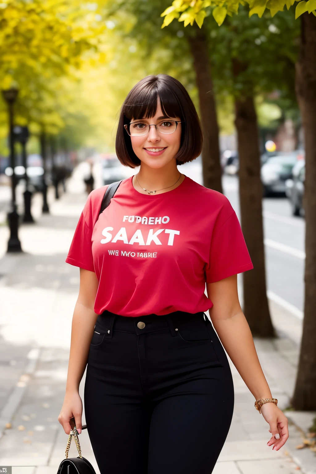 1girl, solo, young round-faced woman with a sweet smile, clear skin, black eyes, short brown hair with jagged bangs, prominent cheekbones and large blushing cheeks, wearing black-framed glasses, full lips, small breasts, narrow waist, and large thighs, strolls through the bustling streets of a city under the bright daylight. Her red oversized t-shirt clings to her figure, while her black pants with stripes accentuate her hourglass shape. The sunlight filters through the leaves of the trees, casting warm shadows on the pavement, and illuminating her features in soft focus. The cityscape in the background is filled with a vibrant energy, as