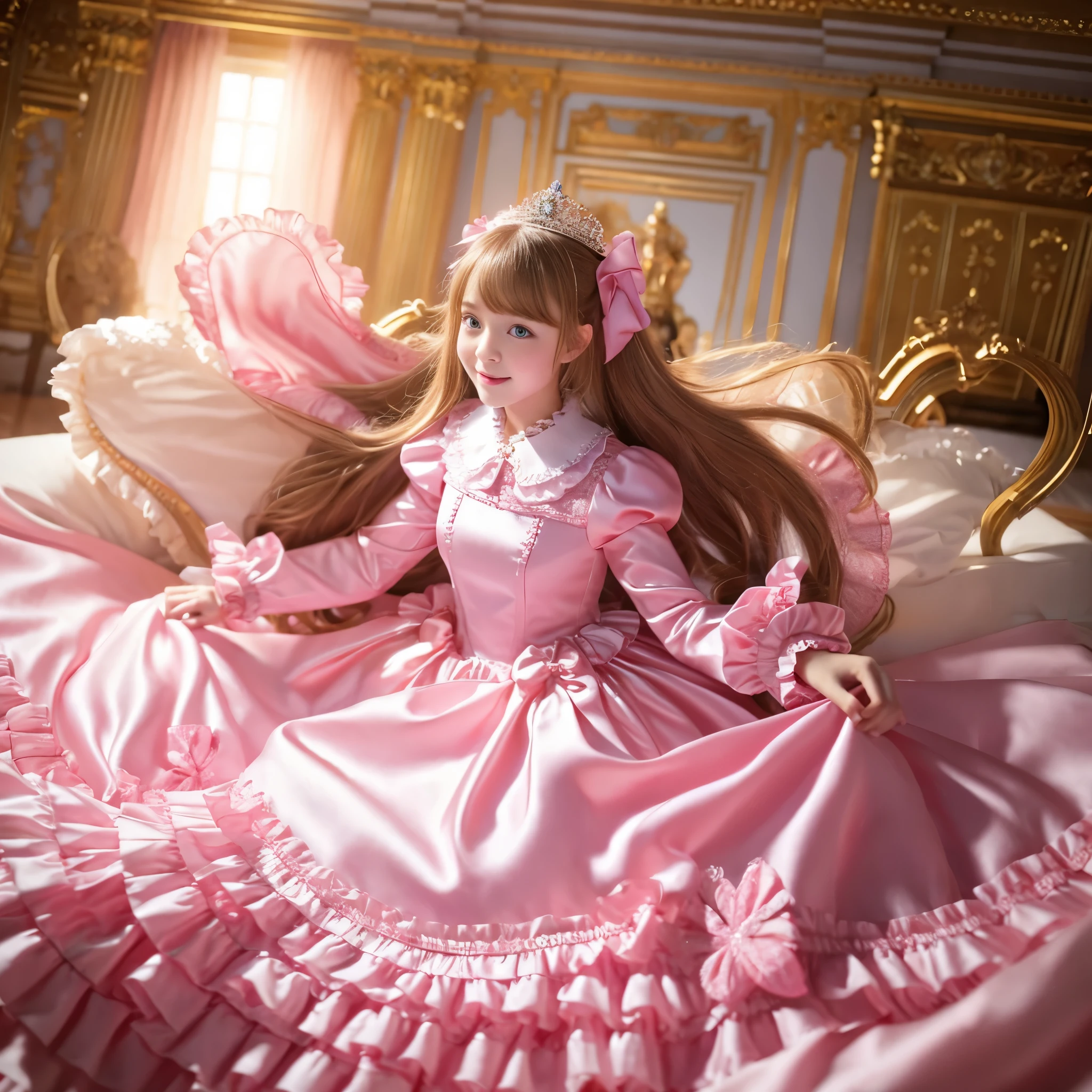 ,highest quality, masterpiece, highest resolution, artwork, super それにget used to it, many get used to it, get used to it, それにget used to it, 3K realistic photos,,((10 year old little girls)),Super detailed baby face,both are princesses,Full length ball gown dress with hoop skirt,ruffle yoke collar,Detailed braided ribbon at chest,puff sleeves,long sleeve,((Lolita style hot pink detailed princess satin dress、Comes with lots of frills and ribbons。)),crazy'colorful fashion,shiny silk satin dress,soft and smooth silk satin fabric,luxury,Very long blonde hair,blue eyes,white skin european,pajamas,((inside the palace)),Princess dancing happily,gorgeous flowing dress,fine white frills and lace,Super long hair that is as tall as your body,white long socks,Drawers with lots of frills,castle ball at night,
