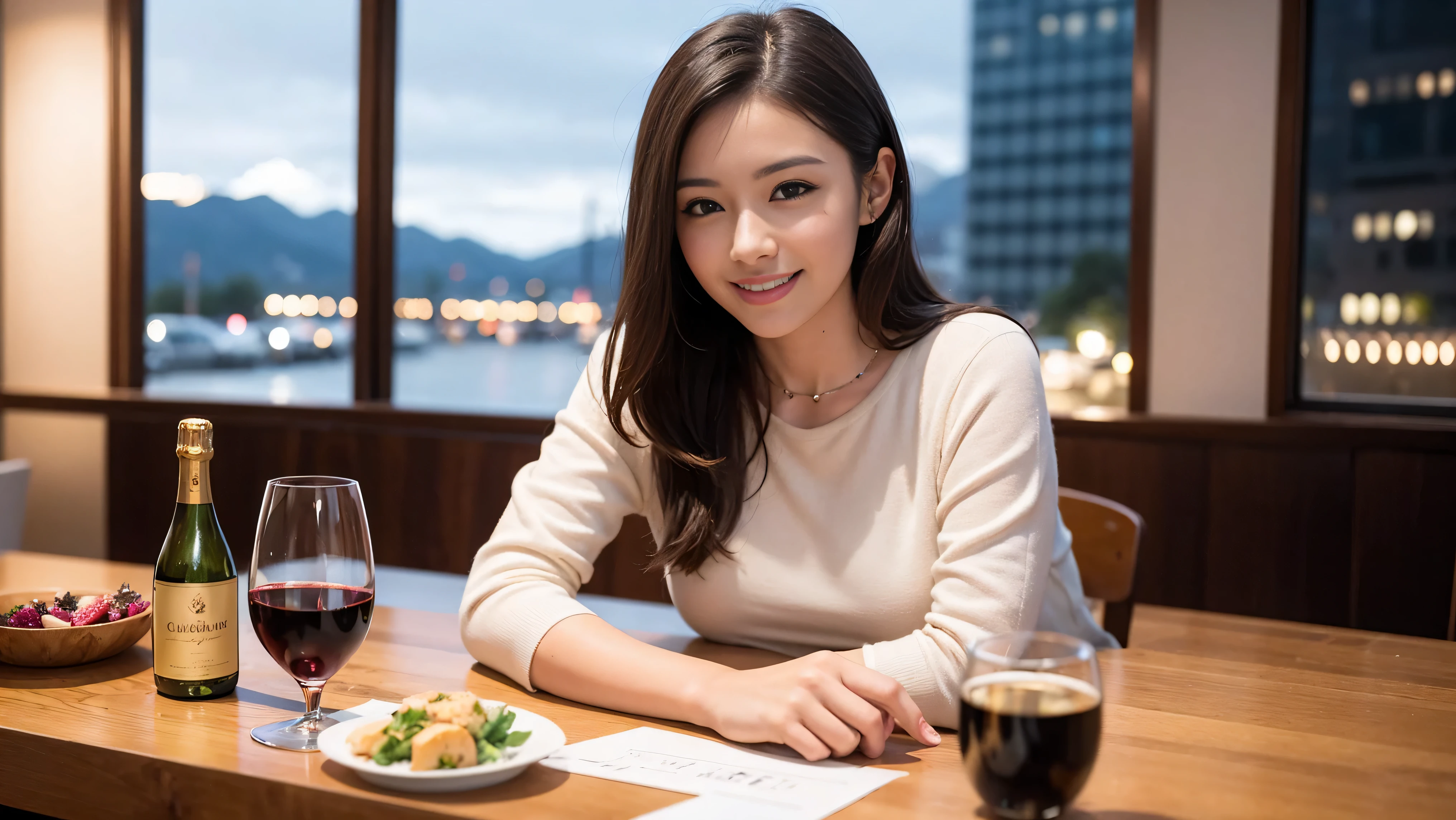 (including 64k, nffsw, highest quality, table top: 1.2), (realistic, photorealistic: 1.37), Spectacular view of the sunset sky and clouds、Amazing mountain views、long sleeve shirt、winter fashion、Columbia、Brazilian、Japanese、Dutch、German、Portuguese、Belgian、Italian、French,Champagne、sparkling wine、 (slimフェイス), (slimボティ), (brown hair), (shortcut), neat beauty、cheeks turn a little red, (35 years old), 38 years old, alone, 窓の外には美しく緻密なnight景が広がります., restaurant, wine glassが座っている, nightに, in a prominent place (from the Upper body) nova frog style, actress, model, Upper body, White wine, slim, wine glass, Super Clean night View, wine glass Put in the Middle, Happy smile, (smile: 1.15), beautiful and detailed eyes, Upper body, bust japan up, night, short, short, actress, model, Upper body, White wine, slim, wine glass, Super Clean night View, wine glass Put in the Middle, Happy smile,