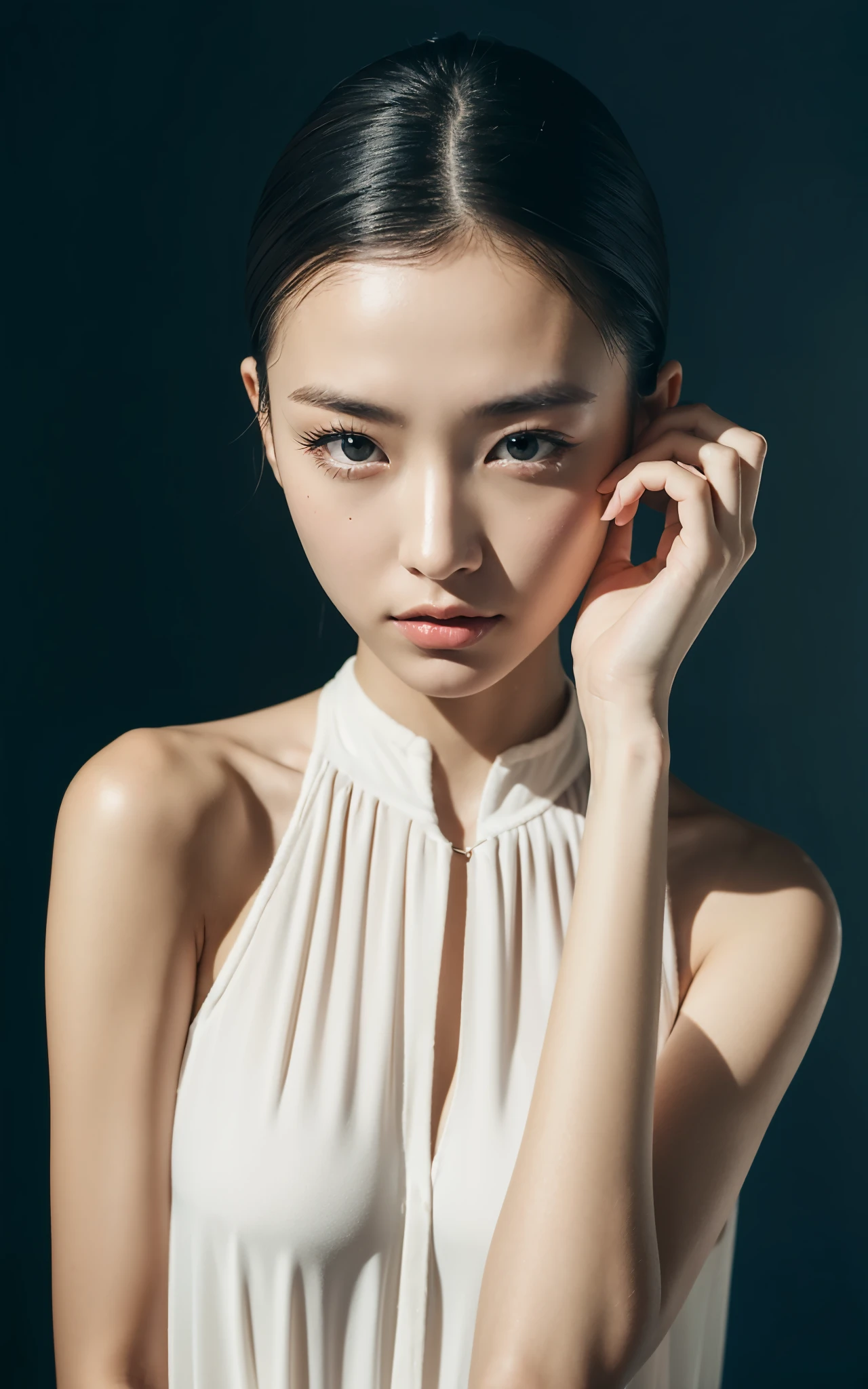 1 FEMALE-FOCUSED, A BEAUTIFUL FEMALE MODEL HAS A COSMETIC BOTTLE IN HER HANDS, WEARING WHITE SHIRT, THE MODEL'S SKIN IS HEALTHY AND CLEAR, AND THE COSMETICS BOTTLE SHINES LUXURIOUSLY, SKIN CARE, FLOWER, COSMETICS COMMERCIAL PHOTOS, CLEAN ATMOSPHERE, IN THE STUDIO, SHOT ON HASSELBLAD CAMERA, MEDIUM FORMAT, DRAMATIC LIGHTING, LUXURY BRAND COSMETIC