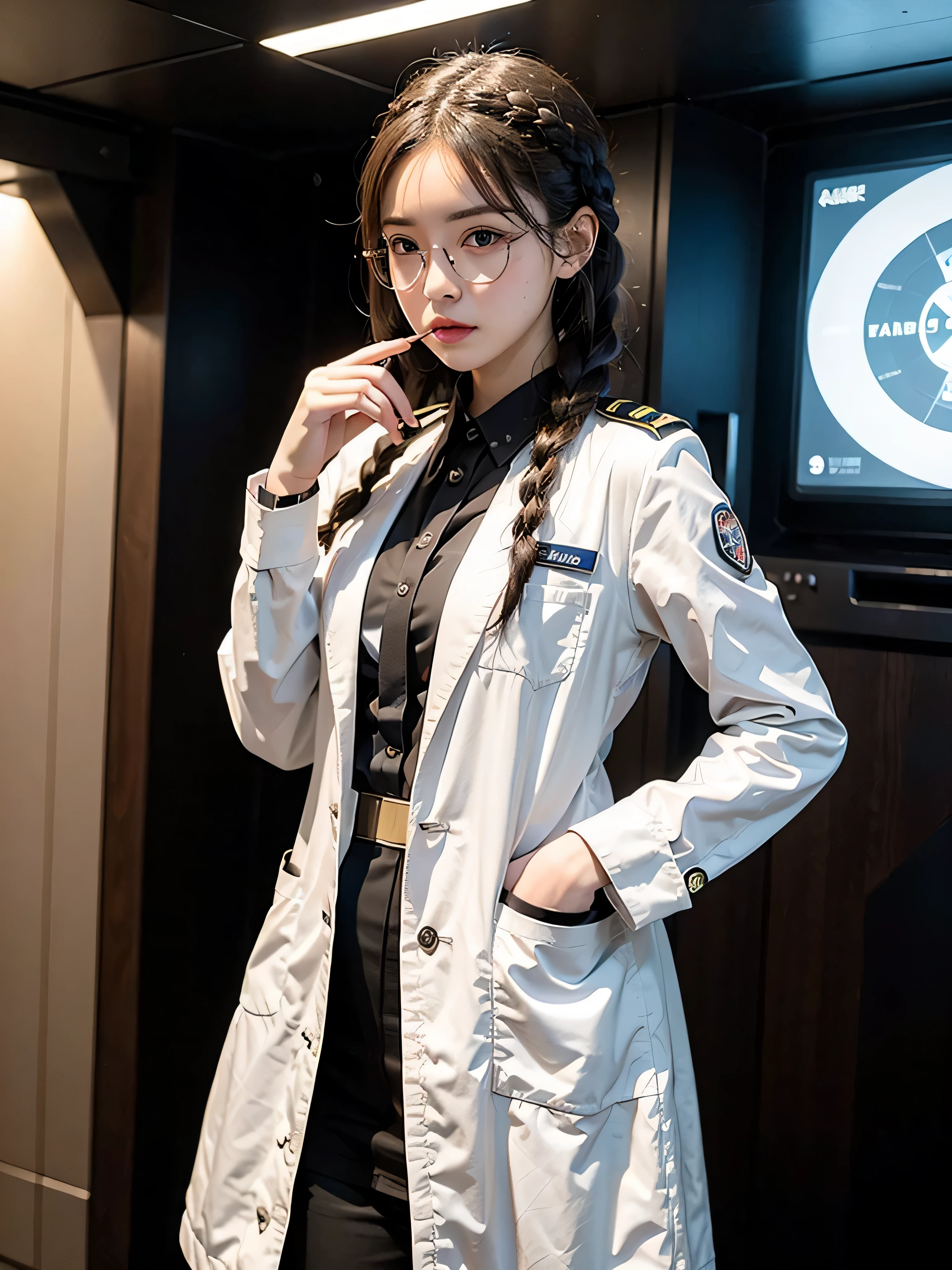 high definition,woman,small size,black hair,double braid hairstyle,bang bang,green eyes,red glasses,in formal dress,uniform,white coat,dark expression,warship,ship aircraft carrier, futuristic, science fiction, warplane, space, war