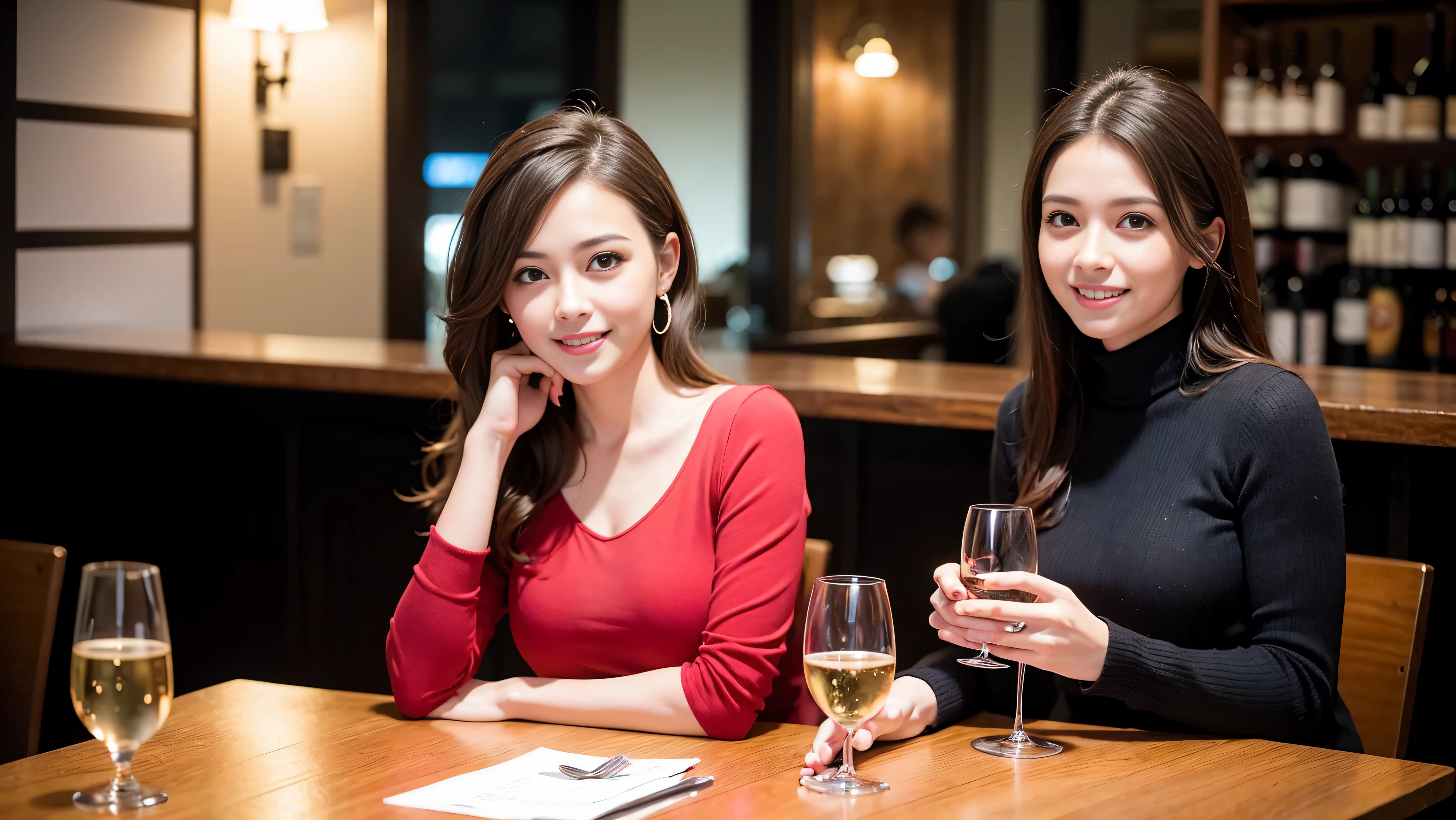 (including 64k, nffsw, highest quality, table top: 1.2), (realistic, photorealistic: 1.37), Spectacular view of the sunset sky and clouds、Amazing mountain views、long sleeve shirt、winter fashion、Columbia、Brazilian、Japanese、Dutch、German、Portuguese、Belgian、Italian、French,Champagne、sparkling wine、 (slimフェイス), (slimボティ), (brown hair), (shortcut), neat beauty、cheeks turn a little red, (35 years old), 38 years old, alone, 窓の外には美しく緻密なnight景が広がります., restaurant, wine glassが座っている, nightに, in a prominent place (from the Upper body) nova frog style, actress, model, Upper body, White wine, slim, wine glass, Super Clean night View, wine glass Put in the Middle, Happy smile, (smile: 1.15), beautiful and detailed eyes, Upper body, bust japan up, night, short, short, actress, model, Upper body, White wine, slim, wine glass, Super Clean night View, wine glass Put in the Middle, Happy smile,