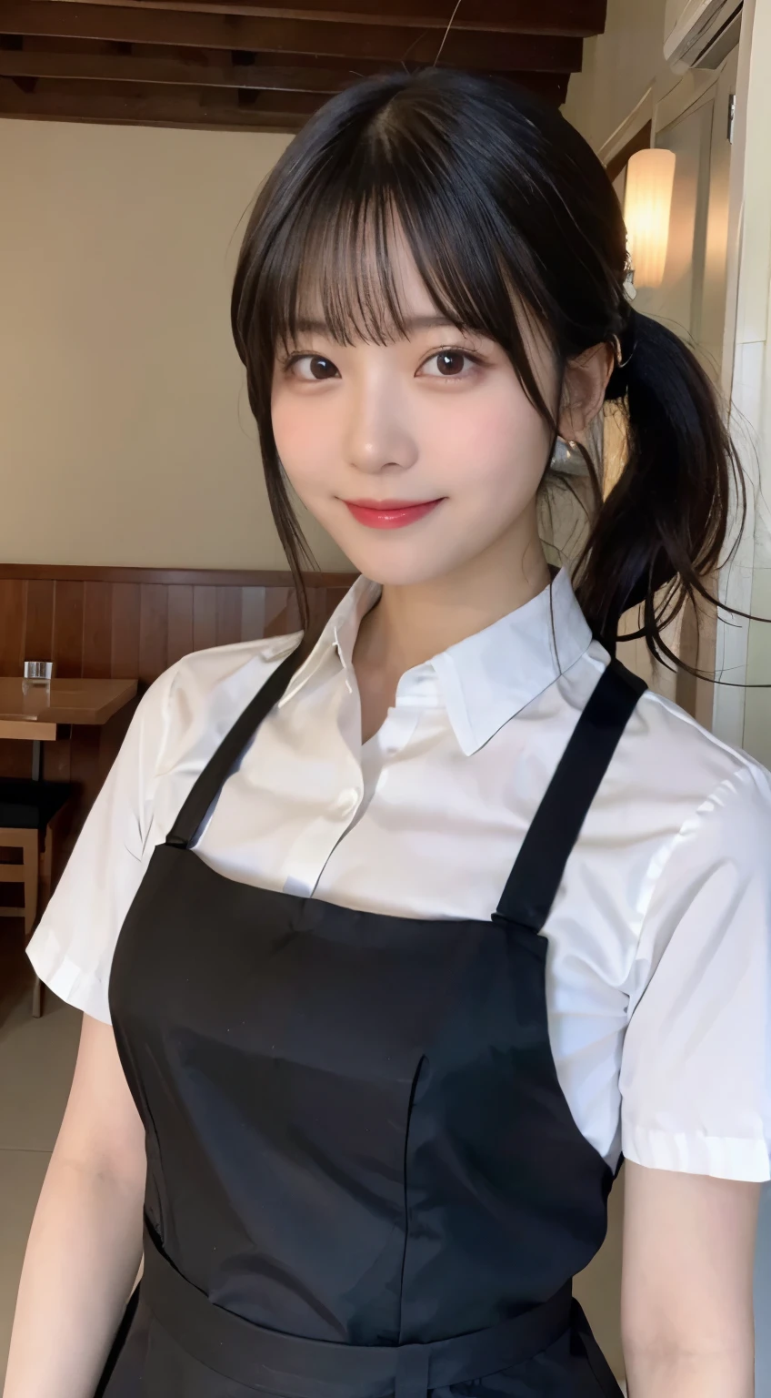(highest quality,masterpiece:1.3,ultra high resolution,),(Super detailed,caustics),(Photoreal:1.4,RAW shooting,)ultra-realistic capture,very detailed,High resolution 16K human skin close-up。 natural skin texture、,The pores are、、、Must be detailed enough to be easily identified。 Skin should look even-toned and healthy。 Use natural light and color,restaurant,waitress uniform,1 girl,Japanese,18-year-old,cute,black haired,ponytail,big breasts,smile,turn your body forward,(Front view:1.1),look at the camera,cowboy shot,