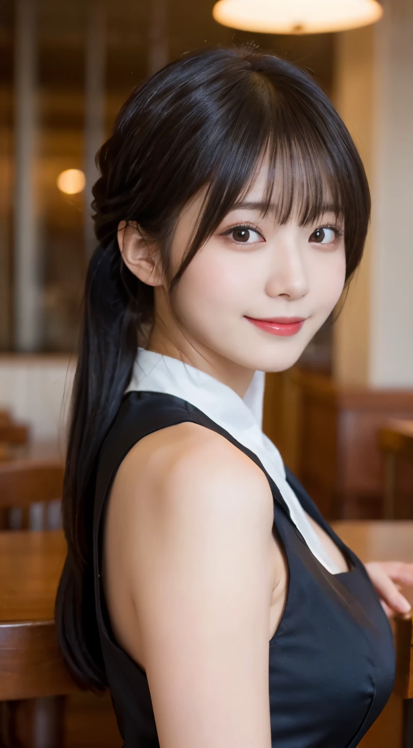 (highest quality,masterpiece:1.3,ultra high resolution,),(Super detailed,caustics),(Photoreal:1.4,RAW shooting,)ultra-realistic capture,very detailed,High resolution 16K human skin close-up。 natural skin texture、,The pores are、、、Must be detailed enough to be easily identified。 Skin should look even-toned and healthy。 Use natural light and color,restaurant,waitress uniform,1 girl,Japanese,18-year-old,cute,black haired,ponytail,big breasts,smile,turn your body forward,(Front view:1.1),look at the camera,cowboy shot,