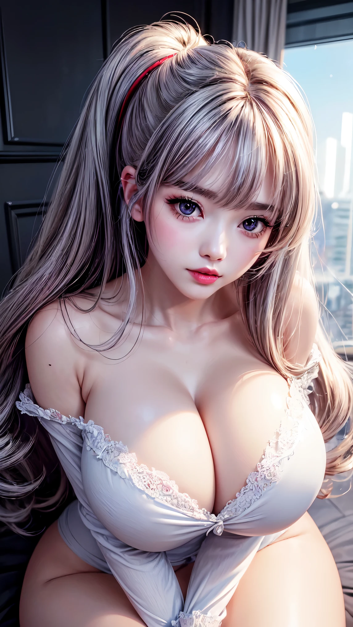 (masterpiece, best quality, ultra high res, beautiful detailed hair detailed face, perfect feminine face), cute anime girl in sailor wearing, long sleeves, huge cleavage, gigantic breasts, silver curly hair, black eyes, almond-shape eyes, big red lips, flushed, blushed, light particle, sparkling particle