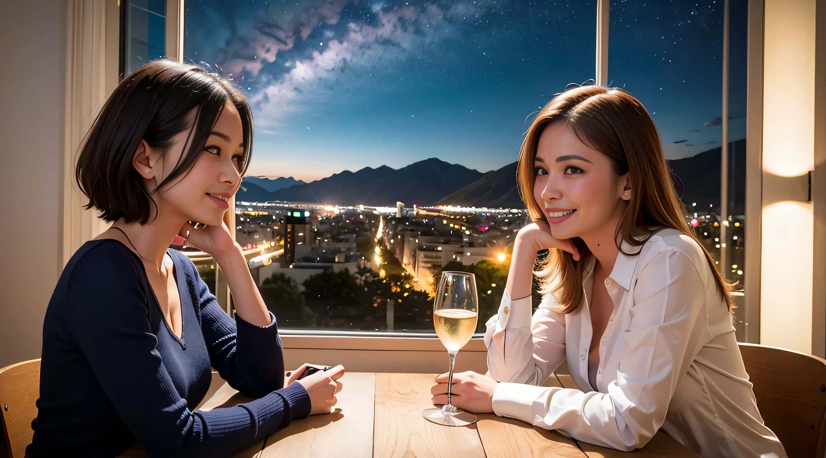 (including 64k, nffsw, highest quality, table top: 1.2), (realistic, photorealistic: 1.37), Spectacular view of the sunset sky and clouds、Amazing mountain views、long sleeve shirt、winter fashion、Columbia、Brazilian、Japanese、Dutch、German、Portuguese、Belgian、Italian、French,Champagne、sparkling wine、 (slimフェイス), (slimボティ), (brown hair), (shortcut), neat beauty、cheeks turn a little red, (35 years old), 38 years old, alone, 窓の外には美しく緻密なnight景が広がります., restaurant, wine glassが座っている, nightに, in a prominent place (from the Upper body) nova frog style, actress, model, Upper body, White wine, slim, wine glass, Super Clean night View, wine glass Put in the Middle, Happy smile, (smile: 1.15), beautiful and detailed eyes, Upper body, bust japan up, night, short, short, actress, model, Upper body, White wine, slim, wine glass, Super Clean night View, wine glass Put in the Middle, Happy smile,
