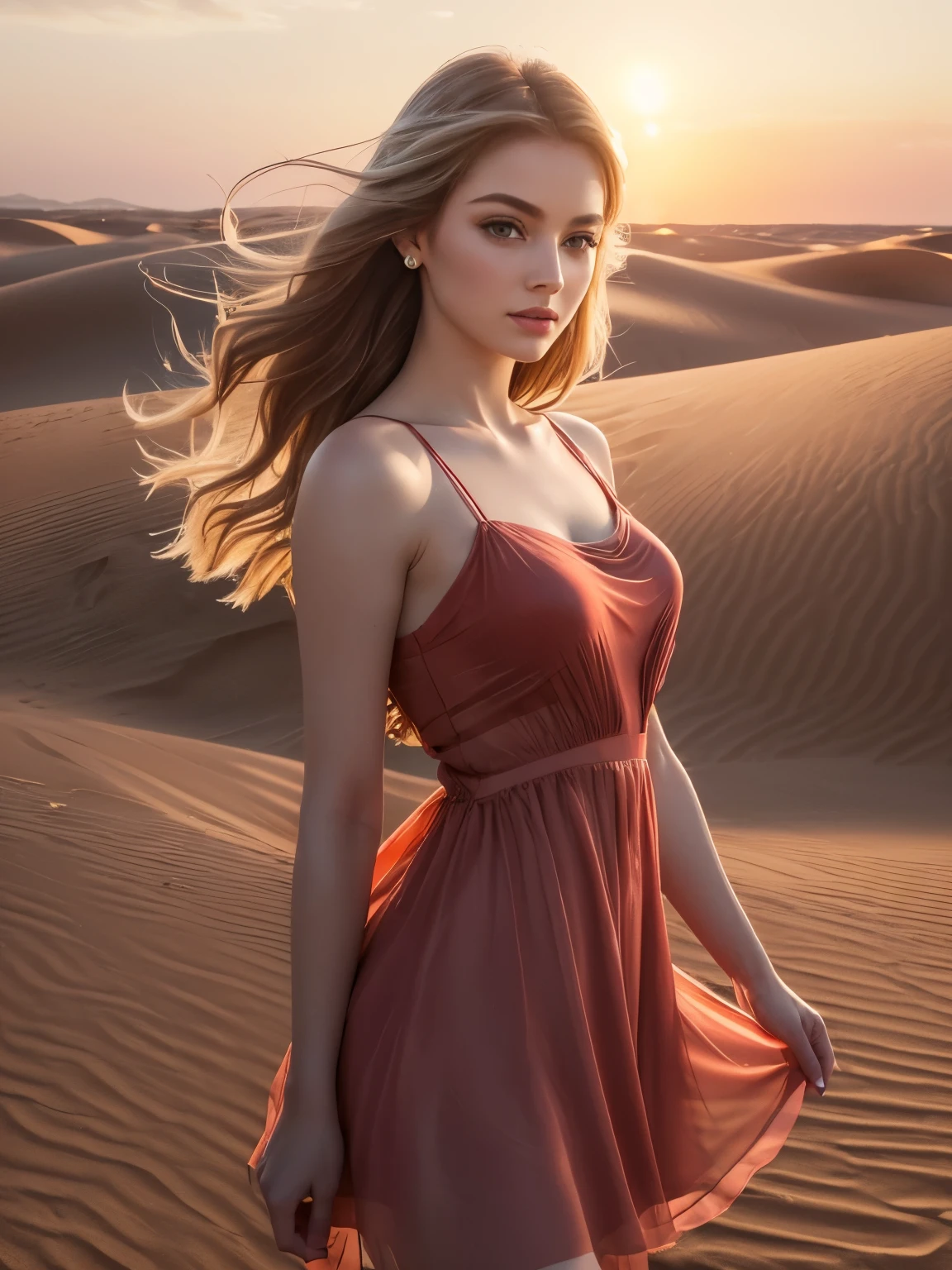 (best quality,4k,8k,highres,masterpiece:1.2),ultra-detailed,(realistic,photorealistic,photo-realistic:1.37),fashion photography, Angelic girl, beautiful detailed eyes, slight smile, beautiful detailed lips, long eyelashes, random hairstyle, random hair colour, stylish makeup, (((perky))), gorgeous model, posing with confidence, sensuous expression, modern photography techniques, striking contrast between light and shadow, soft and natural lighting, pale skin tone, subtle blush, pop of colour on the lips, dramatic background with vivid colours, artistic composition, ethereal atmosphere, whisper of wind blowing through her hair, graceful and elegant posture, bokeh effects, flowing sheer summer dress, exquisite accessories, bold and creative fashion choices, (((in the middle of a sand dune in a desert, sunset)))