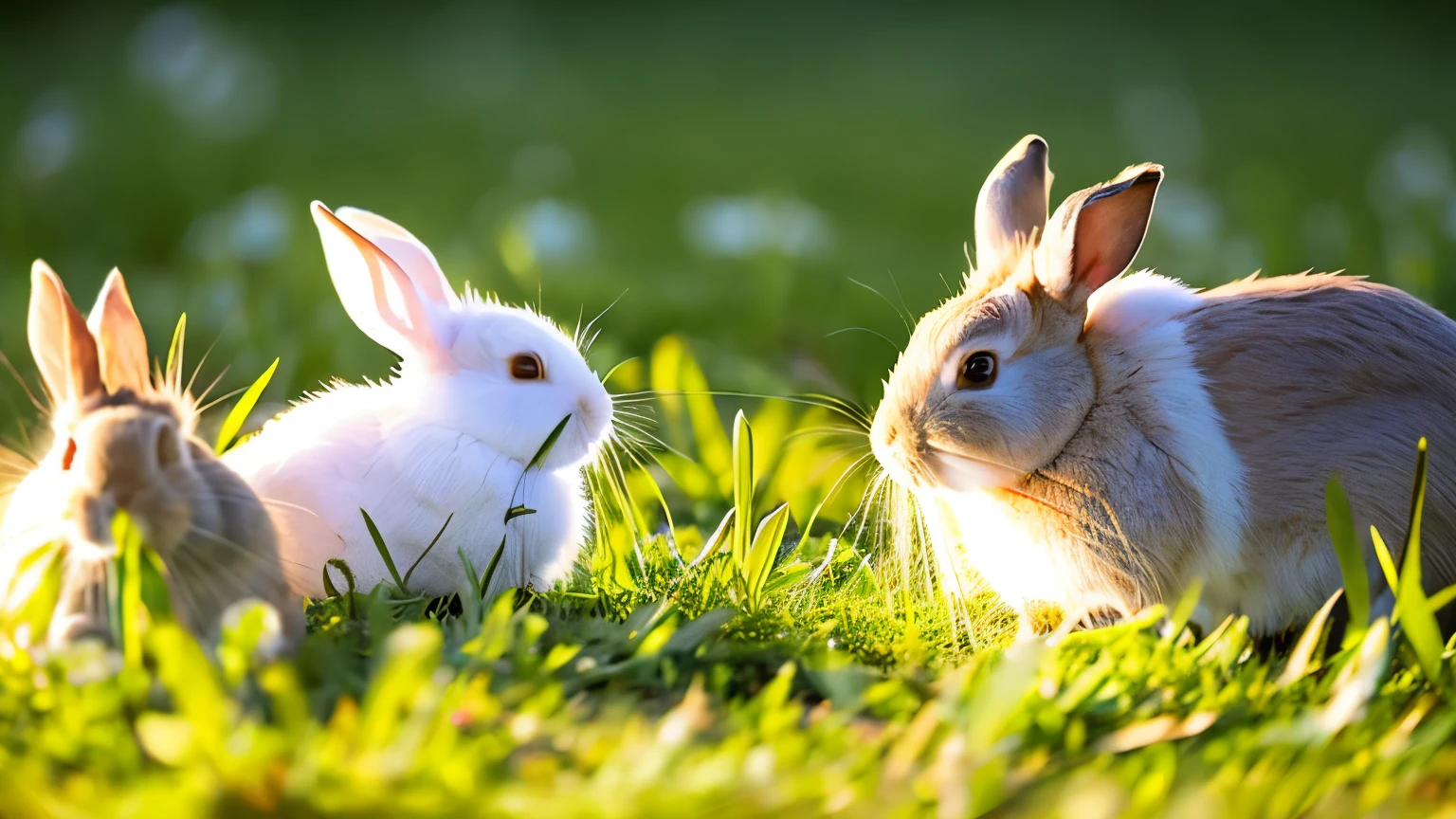 A family of rabbits frolicking in a sun-drenched meadow, nibbling on tender shoots of grass.