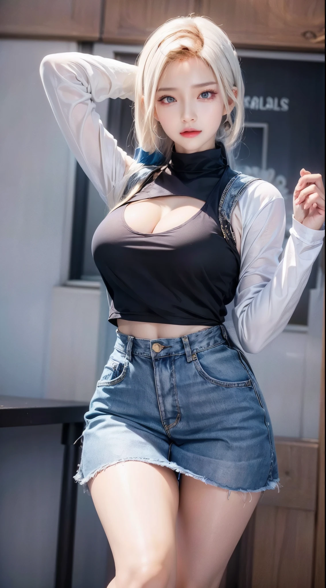 realistic, 1 women, best quality, 12k, Per HD, 1080p, wear Allstars shoes, long hair, big round breasts, cleavage, ponytail, necklace, jewelry, shorts, short jacket, slim hips, hair tie, yellow eyes, black hair, super detailed, Eye details, hair details, person details, mouth details, face details, breast details, clothes details, hair details, pants details, hand details, whole body