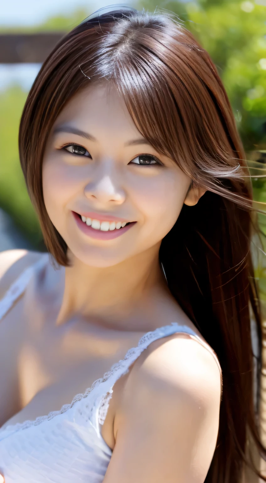 Japanese ),((beautiful girl)),cleavage,An expression that imagines something pleasant:1.2,(perfect body beauty:1.2),((perfect body)),(shy smile),beautiful teeth,