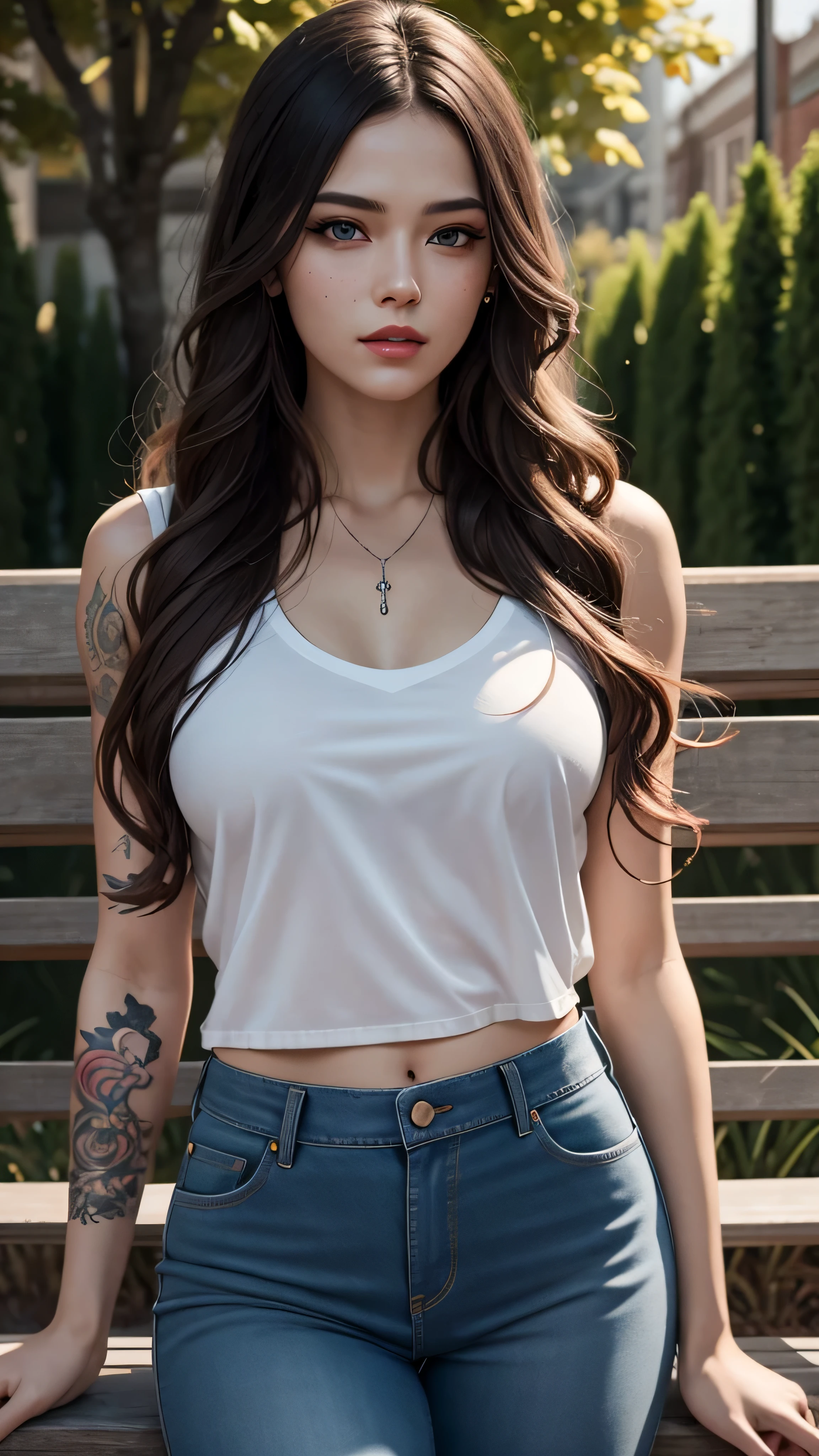 ((best quality: 1.5)) ((masterpiece: 0.8)), intricate details, sharp focus, professional, real life, realistic representation of the face, dynamic pose, in the style of realistic and hyper detailed renderings BREAK ((detailed 30year woman, side view, ((shiny red lips, park, trees, bench, (pink cutoff t-shirt, blue eyes, denim jeans, goth blackout eyeshadow, albino skin, tattoo: 0.7 [dark hair:ginger hair:0.3], long wavy hair, [flat chest:medium breasts:0.8]), smirking)), abdominal muscles), freckles: 0.6), photorealistic, hyper-realistic, 8K