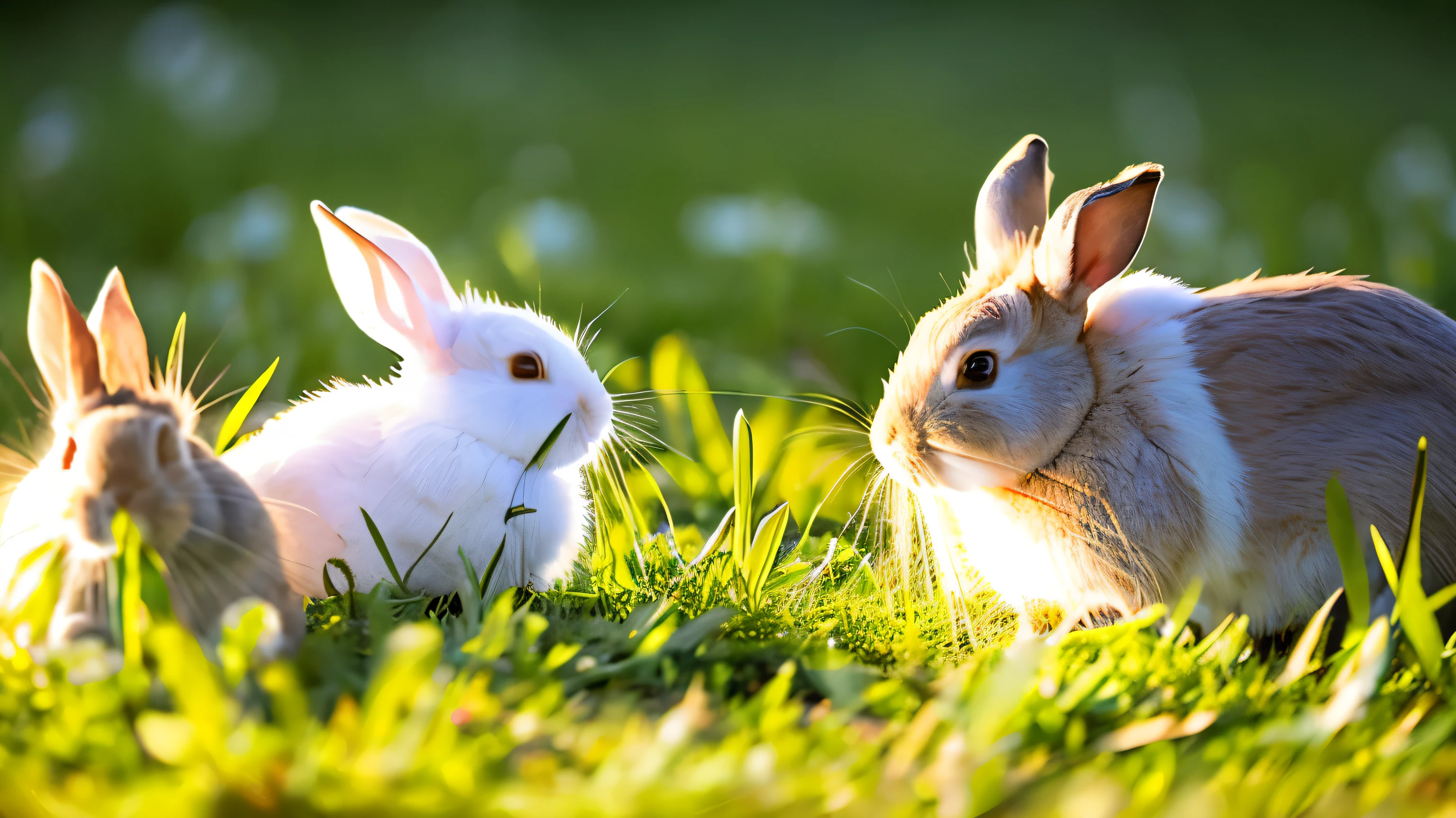 A family of rabbits having fun in a sunny meadow., gnaw on soft grass.