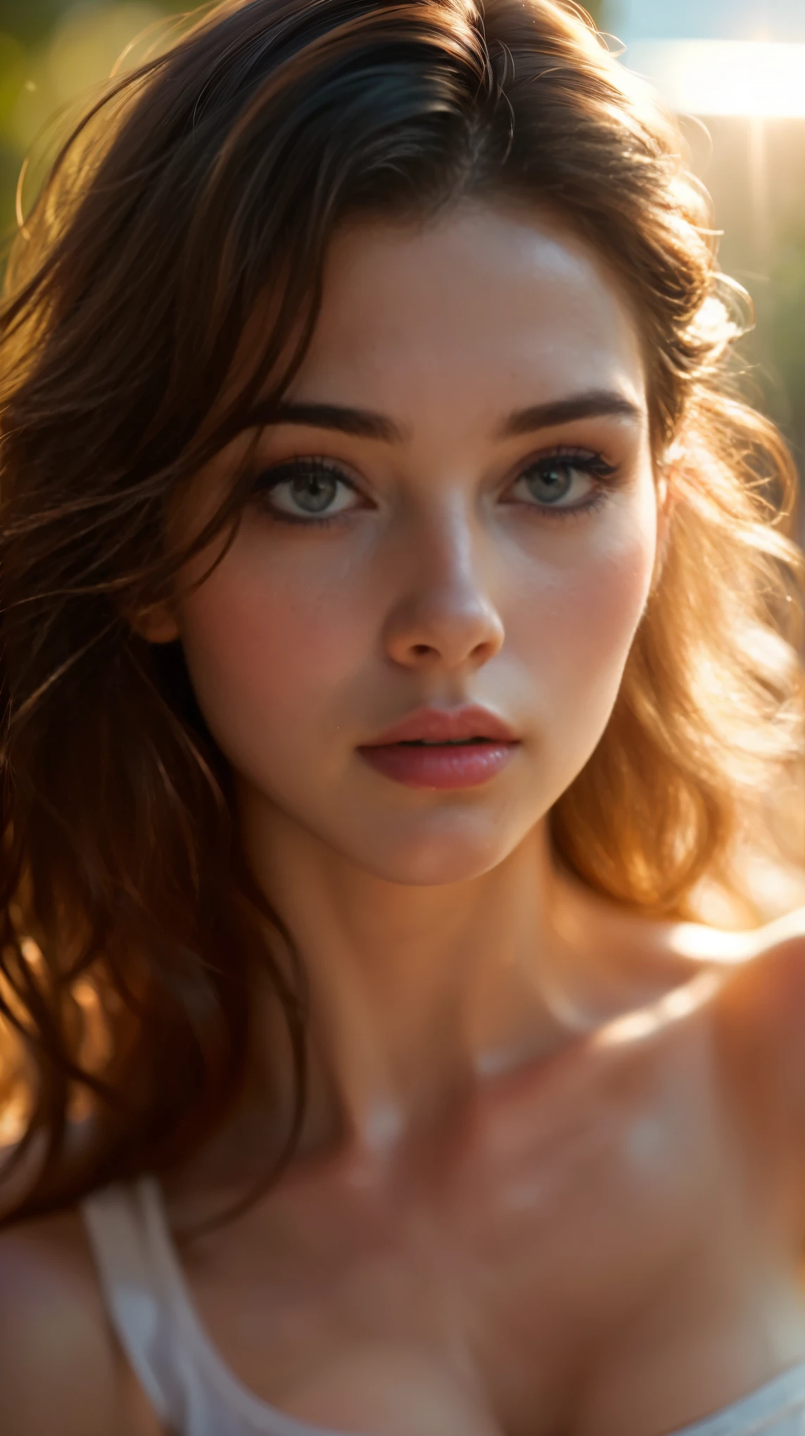 (((ultra realistic))) Photo, masterpiece, top quality, (pale skin), (Ultra detailed face and eyes:1.3), 1 girl, Adult, in a T-shirt, (Eye makeup, mascara) , ((large detailed lips)), ((ash wavy hair)), ((Chyolka)) , (Natural breasts), Slim waist. ((Posing)), photoshoot, studio (soft lighting), (The play of light and shadows), depth of field, bokeh, (special attention to skin detail: 1.2), Detailed leather texture, skin pores. (Airy atmosphere of the frame. Color range - delicate, Bright, white, Pink tones), UDR, ((Film grain)), ((rays)), ((glare of the sun)), ((waist up portrait, close to the camera)) , ultra detialed,