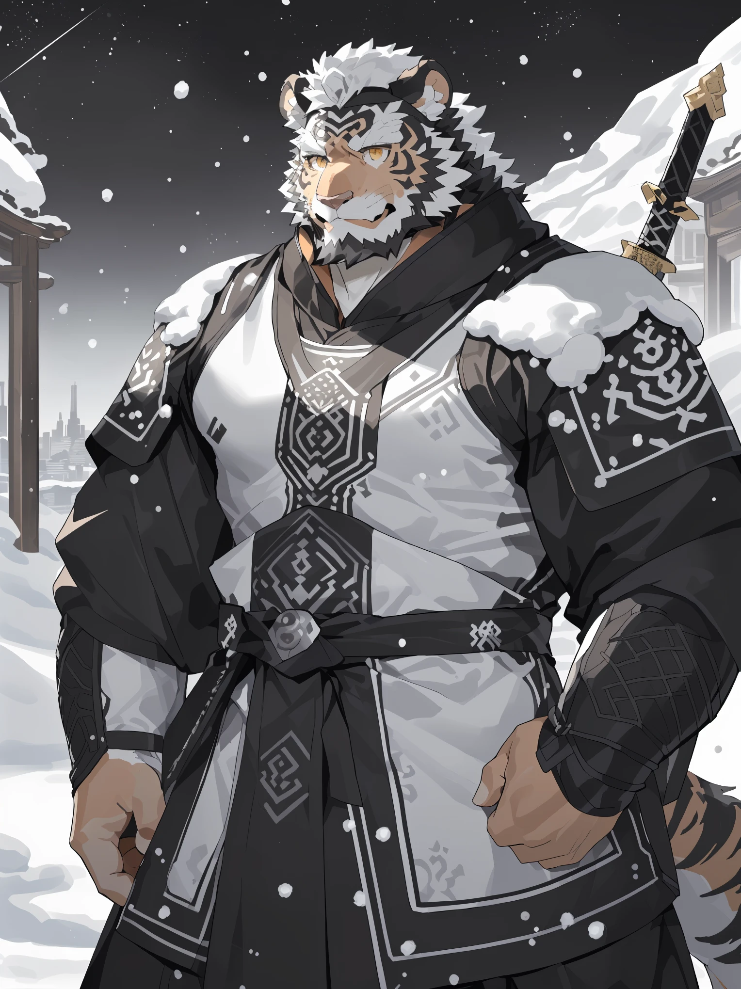 (white skintiger),(黑白阴阳general古代战袍),(Holding a long sword),Powerful posture,Standing calmly,(The background is a city covered with ice and snow:1.2),(abdominal muscles),heroic posture飒爽,完美的masterpiece,Various facial details,distance perspective,specific description,masterpiece,(cg),(golden eyes),Black and white pattern,black and white tail,general,heroic posture,tiger,Black and white fur,Concrete facial details,Half body,(黑白阴阳general战履),(Chang Ling),((middle aged)),(face focus),(16k),)HD),black and white belly,temple,beard,(Face lines),Different pupils,(Black and white yin and yang ancient war robe),(black and white hair),(Strong:1.2),(muscle:1.3),(high resolution:1.3),(Standing in front of the city covered with ice and snow),(Close up),(Detailed face:1.5),Perfect details,(Half body),(Detailed depiction of the face:1.5),(Zoom in on face:1.5),(白色Face lines:1.2),(黑色beard:1.3),(white face;1.6),white body,(white skin,black strips:1.3),(White cheeks:1.5),(The skin color on the face is white:1.3),cg