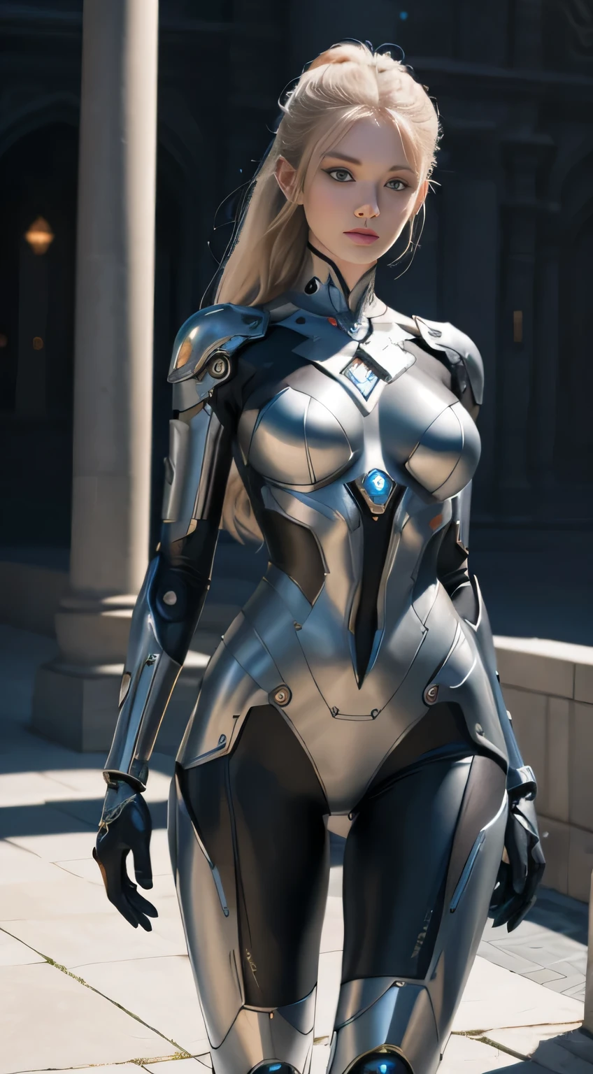 There is a stunningly beautiful woman clad in a robot suit, posing next to an ancient architectural masterpiece. With her porcelain skin contrasting the metallic exterior of the robot suit, she exudes an aura of perfection and mystery. Her cyborg enhancements add an intriguing allure to her already captivating appearance.

This beautiful white girl is half-cyborg, a harmonious blend of technology and humanity. Her delicate features and graceful curves stand out against the cold, mechanical design of her robot suit. The intricate details and ultra-realistic visuals of this cyborg girl emit an otherworldly charm, drawing the audience in with her ethereal beauty.

