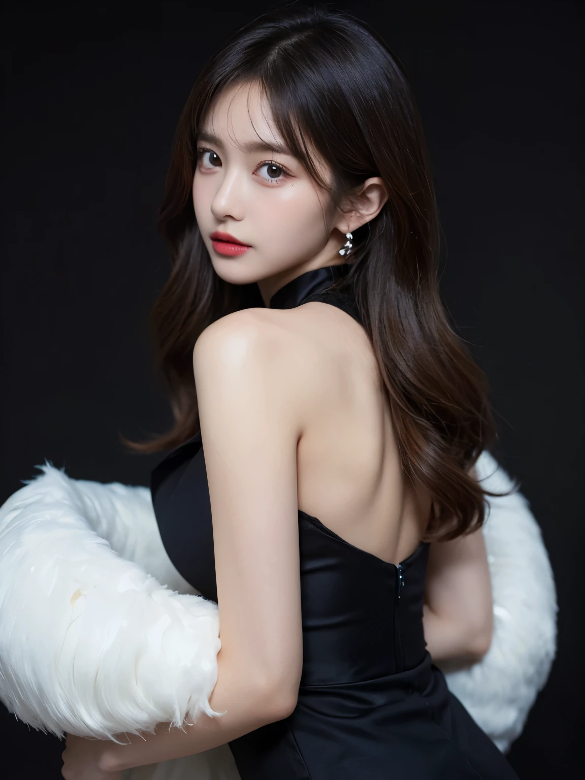 mini skirt、Dresses with decorations、Looking back、cabaret club、silk dress、Angle of view for bust up、beautiful shoulders、zoom out、soft curl hairstyle、high resolution、thin waist、high tone hair color、korean idol、realistic eyes、beautiful eyelashes、High resolutionの顔、black background、22 years ago、black dress stay piece, best quality, illustration, Super detailed, fine details, High resolution, 8K Dende Wallpaper, beautiful detailed eyes, random cute hairstyles, C cup breasts, natural color lip