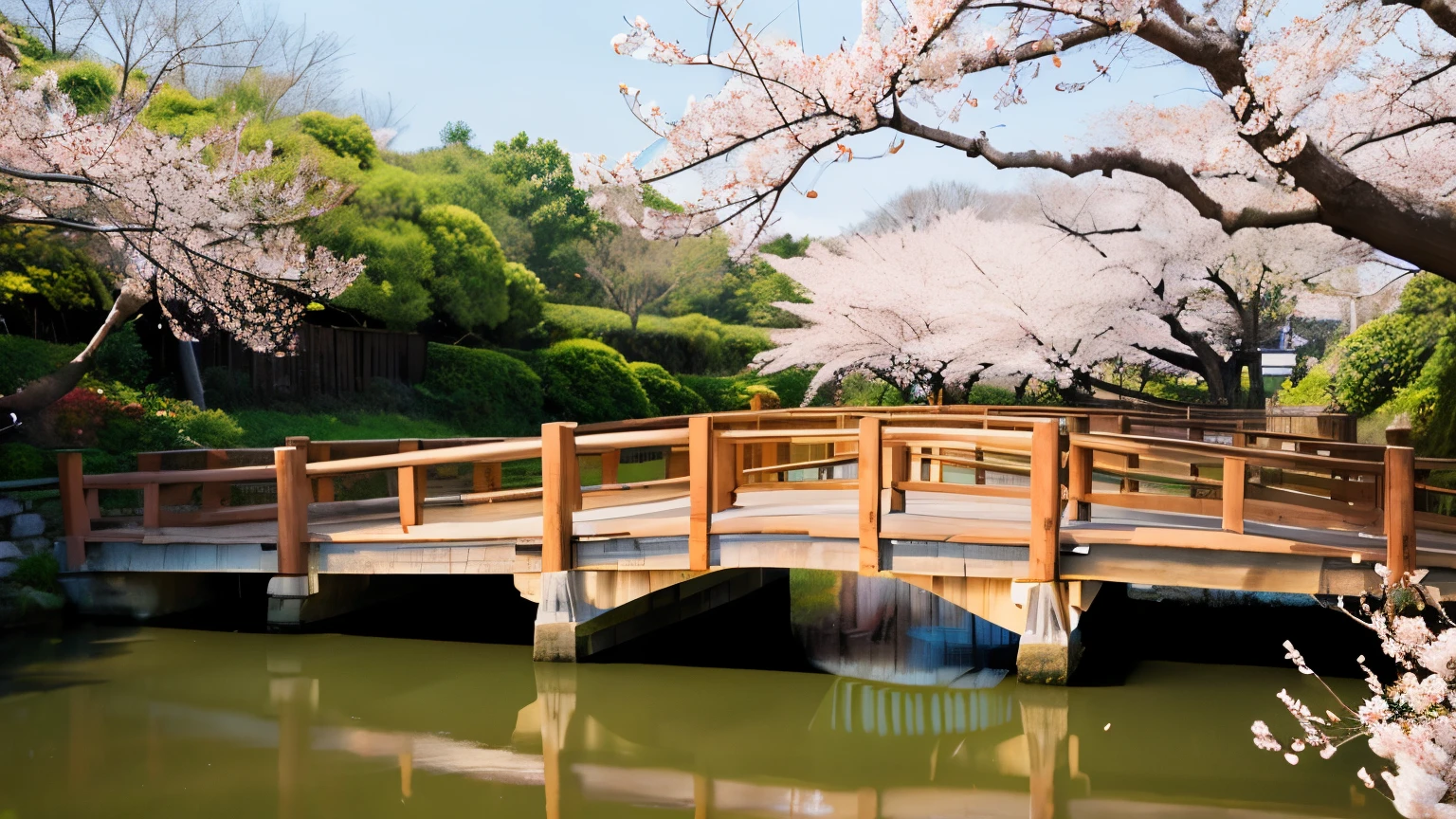 A rustic wooden bridge spanning a gently flowing stream, adorned with freshly blooming cherry blossoms.