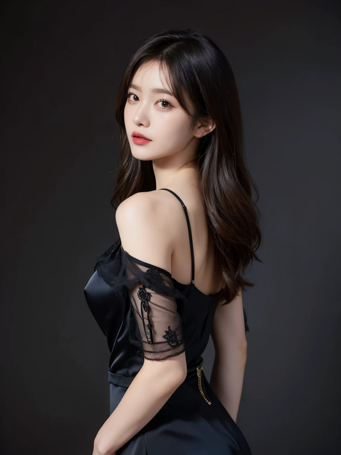 mini skirt、Dresses with decorations、Looking back、cabaret club、silk dress、Angle of view for bust up、beautiful shoulders、zoom out、soft curl hairstyle、high resolution、thin waist、high tone hair color、korean idol、realistic eyes、beautiful eyelashes、High resolutionの顔、black background、22 years ago、black dress stay piece, best quality, illustration, Super detailed, fine details, High resolution, 8K Dende Wallpaper, beautiful detailed eyes, random cute hairstyles, C cup breasts, natural color lip