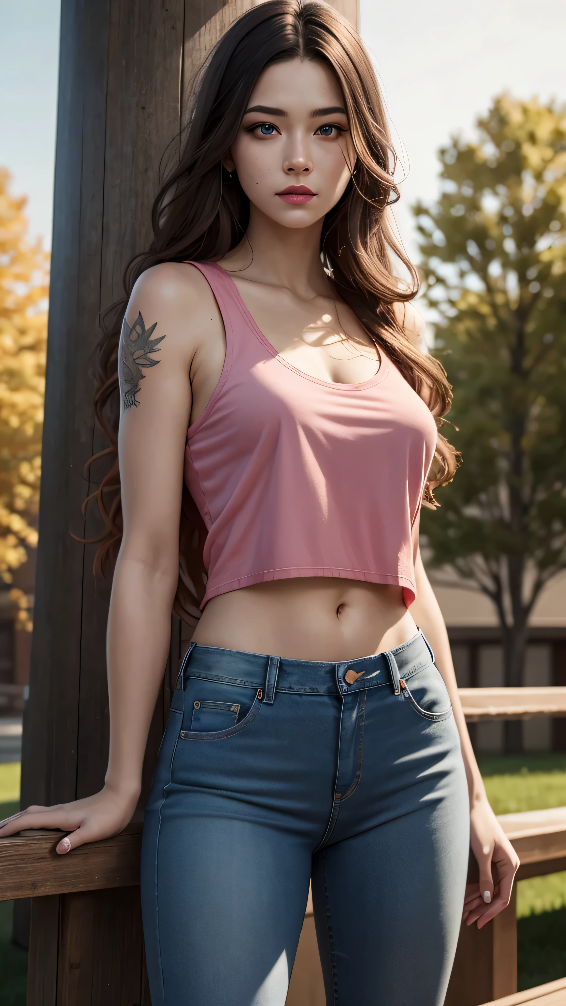 ((best quality: 1.5)) ((masterpiece: 0.8)), intricate details, sharp focus, professional, real life, realistic representation of the face, dynamic pose, in the style of realistic and hyper detailed renderings BREAK ((detailed 30year woman, side view, ((shiny red lips, park, trees, bench, (pink cutoff t-shirt, blue eyes, denim jeans, goth blackout eyeshadow, albino skin, tattoo: 0.7 [dark hair:ginger hair:0.3], long wavy hair, [flat chest:medium breasts:0.8]), smirking)), abdominal muscles), freckles: 0.6), photorealistic, hyper-realistic, 8K