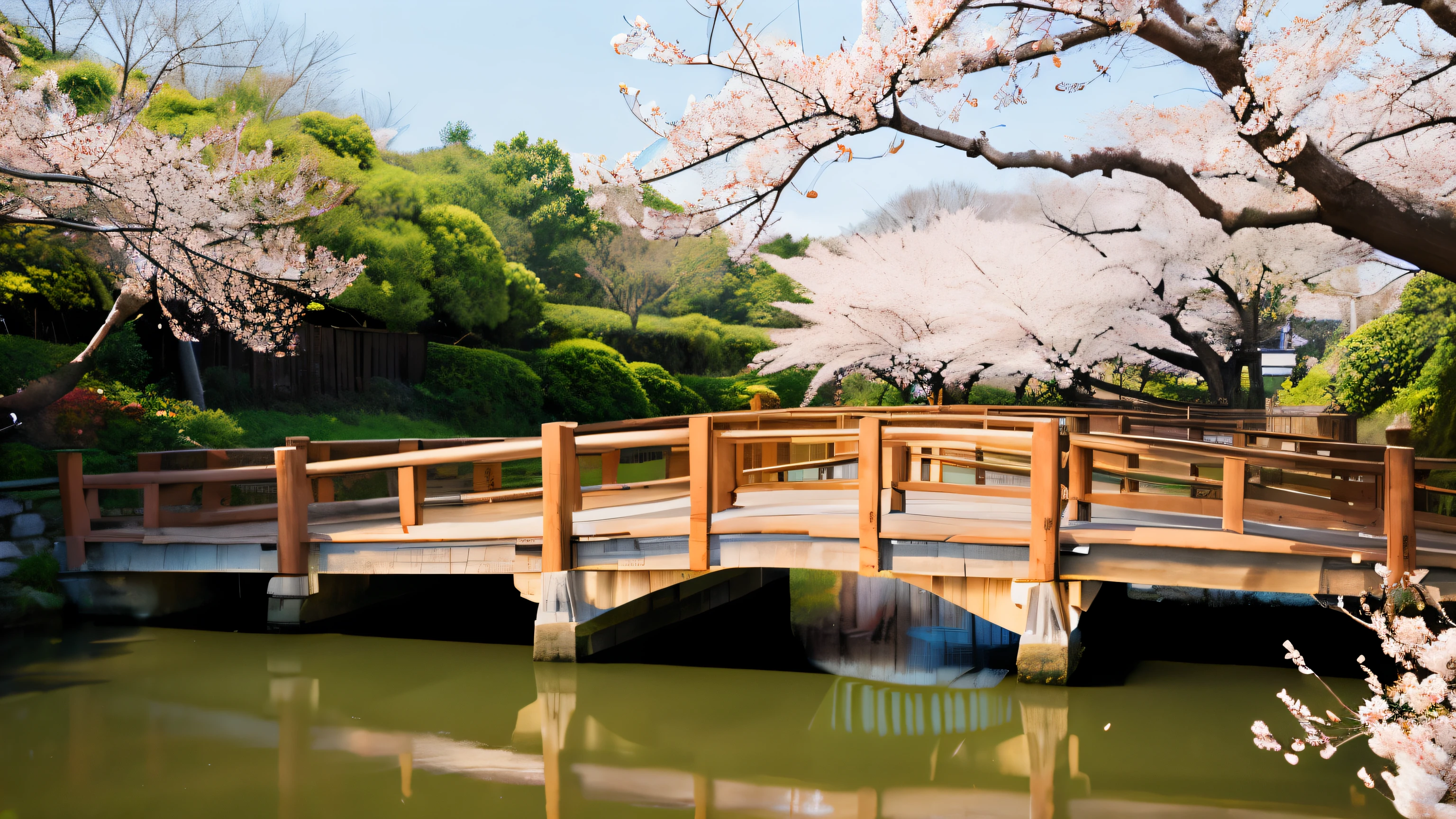 A simple wooden bridge spans a gently flowing stream., Decorated with fresh cherry blossoms.