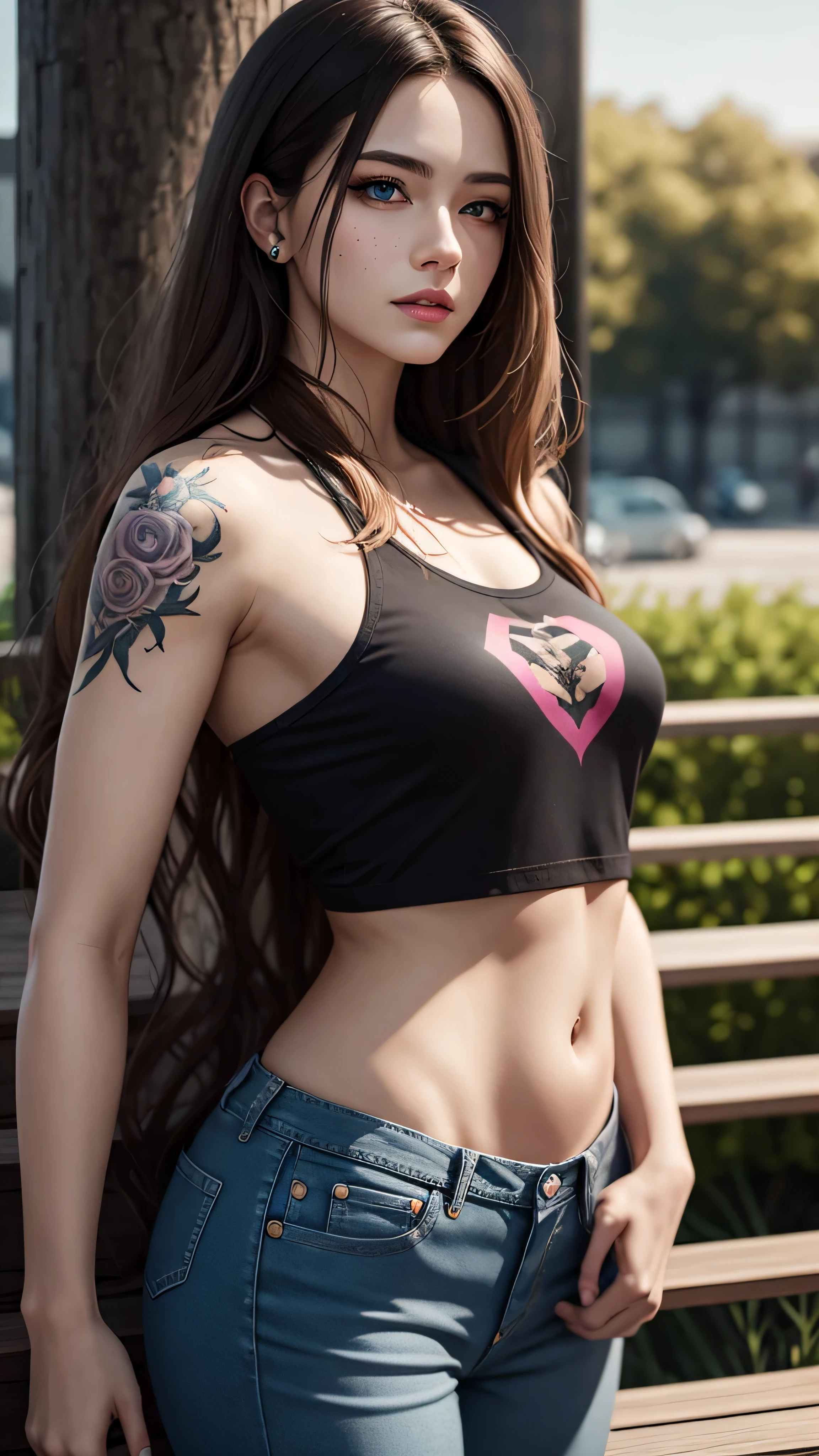 ((best quality: 1.5)) ((masterpiece: 0.8)), intricate details, sharp focus, professional, real life, realistic representation of the face, dynamic pose, in the style of realistic and hyper detailed renderings BREAK ((detailed 30year woman, side view, ((shiny red lips, park, trees, bench, (pink cutoff t-shirt, blue eyes, denim jeans, goth blackout eyeshadow, albino skin, tattoo: 0.7 [dark hair:ginger hair:0.3], long wavy hair, [flat chest:medium breasts:0.8]), smirking)), abdominal muscles), freckles: 0.6), photorealistic, hyper-realistic, 8K