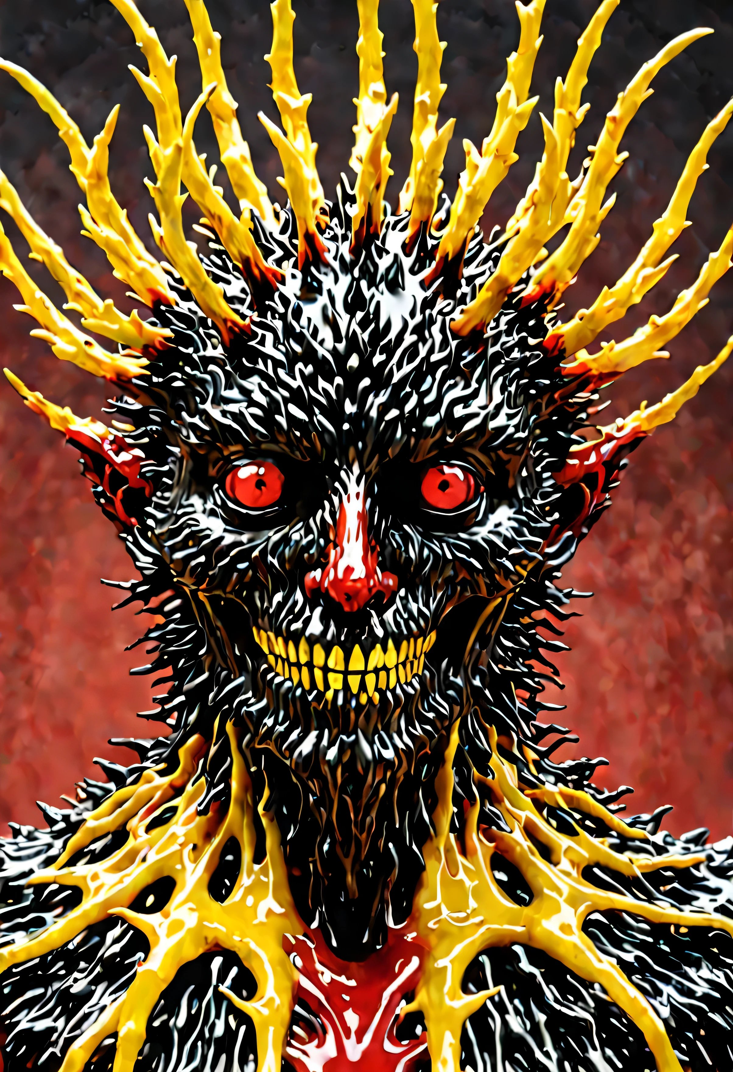 Wendigo, A close-up portrait of a character made out of ferrofluid. Red and yellow colors dominate the composition. Inspired by the work of Qiu Ying.