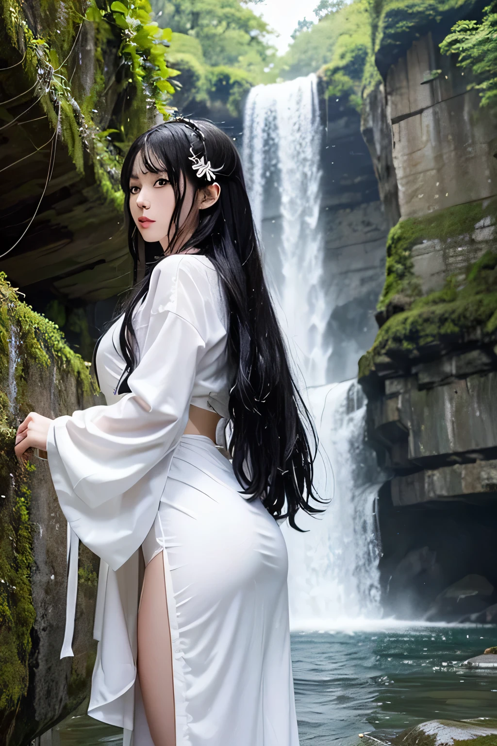 NSFW、white costume、beautiful shrine maiden、Black Hair Upstyle、((whole body))、(((photo taken from below)))、big waterfall