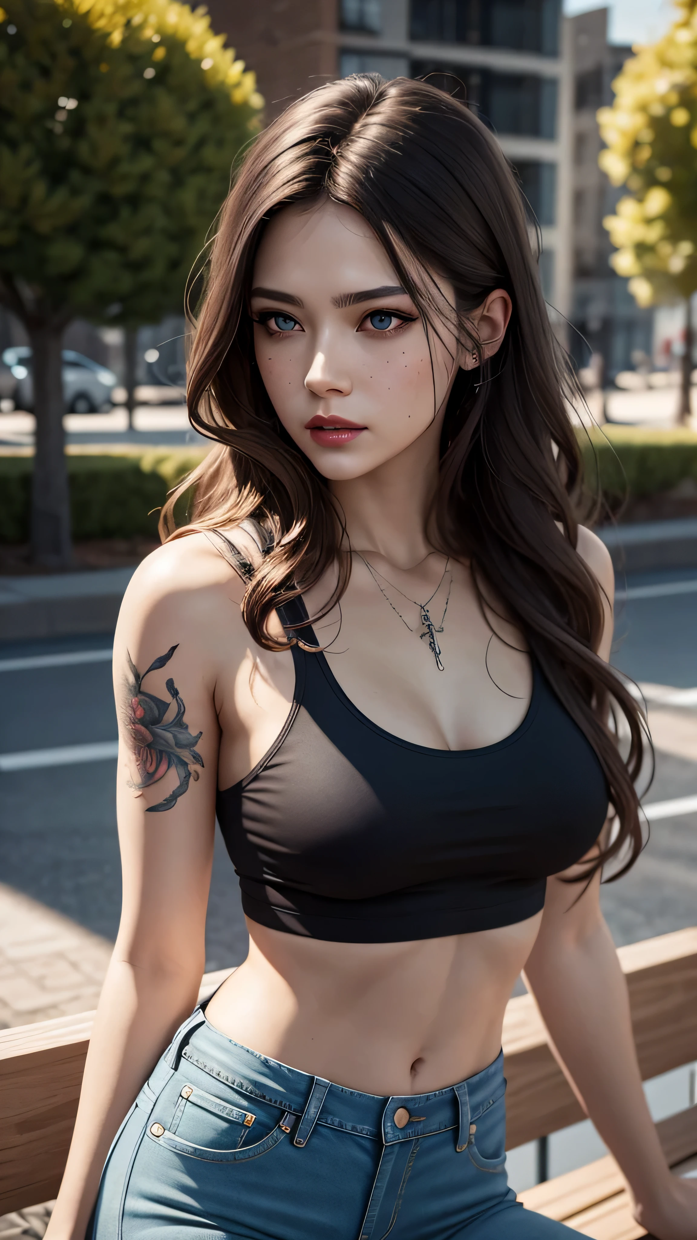 ((best quality: 1.5)) ((masterpiece: 0.8)), intricate details, sharp focus, professional, real life, realistic representation of the face, dynamic pose, in the style of realistic and hyper detailed renderings BREAK ((detailed 30year woman, side view, ((shiny red lips, park, trees, bench, (pink cutoff t-shirt, blue eyes, denim jeans, goth blackout eyeshadow, albino skin, tattoo: 0.7 [dark hair:ginger hair:0.3], long wavy hair, [flat chest:medium breasts:0.8]), smirking)), abdominal muscles), freckles: 0.6), photorealistic, hyper-realistic, 8K