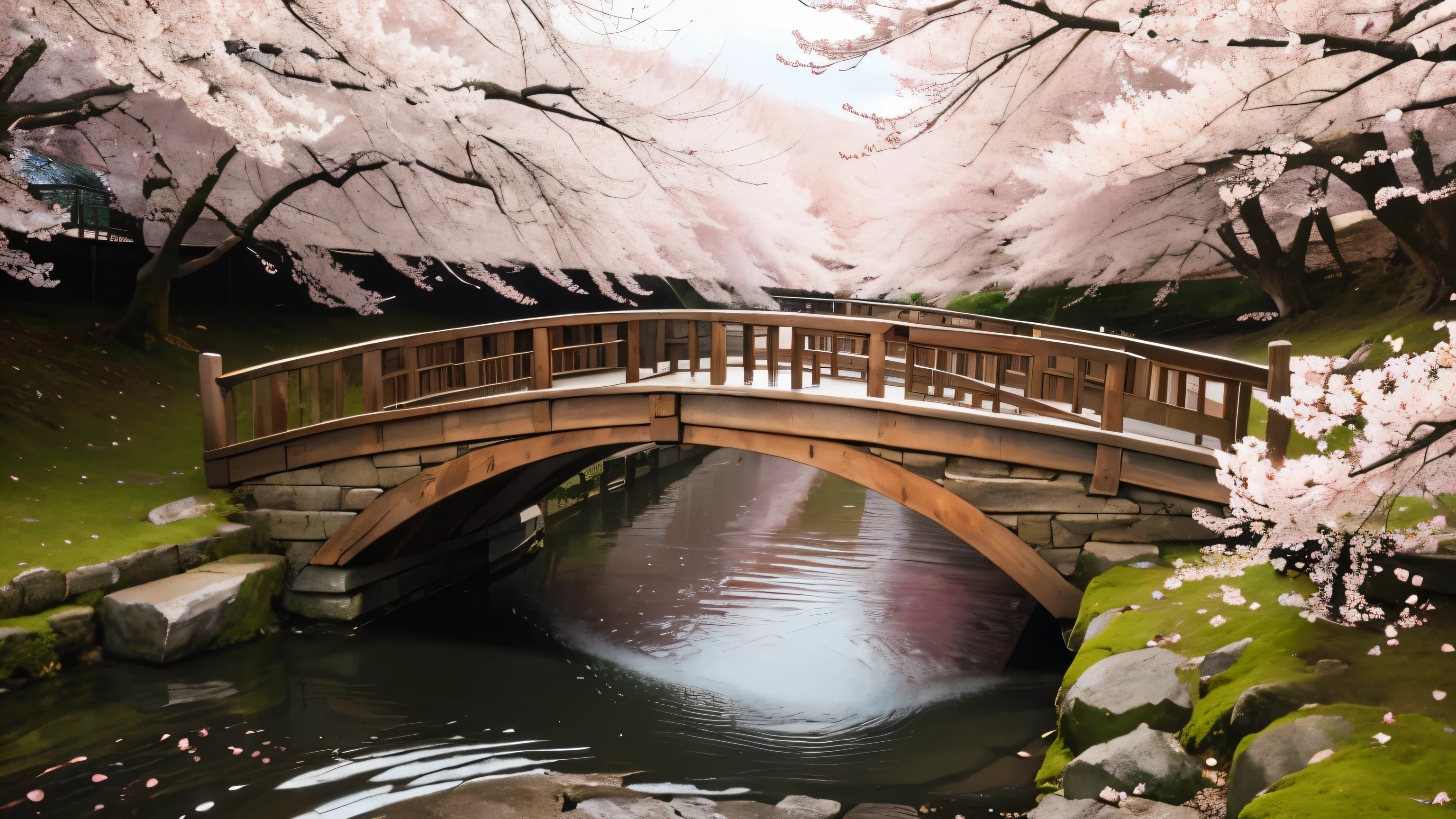 A simple wooden bridge spans a gently flowing stream., Decorated with fresh cherry blossoms.