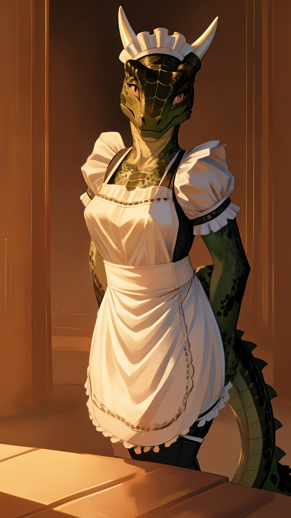 anime, hdr, soft light, ((best quality)), ((masterpiece)), (detailed), lustyargonian, maid, colored skin, green skin, maid headdress, tail, horns, (scales:1.2), (snout, animal nose:1.1), blush, embarrassed, (looking at viewer:1.1), cowboy shot,  (sexy Seductive pose:1.5), mansion, 