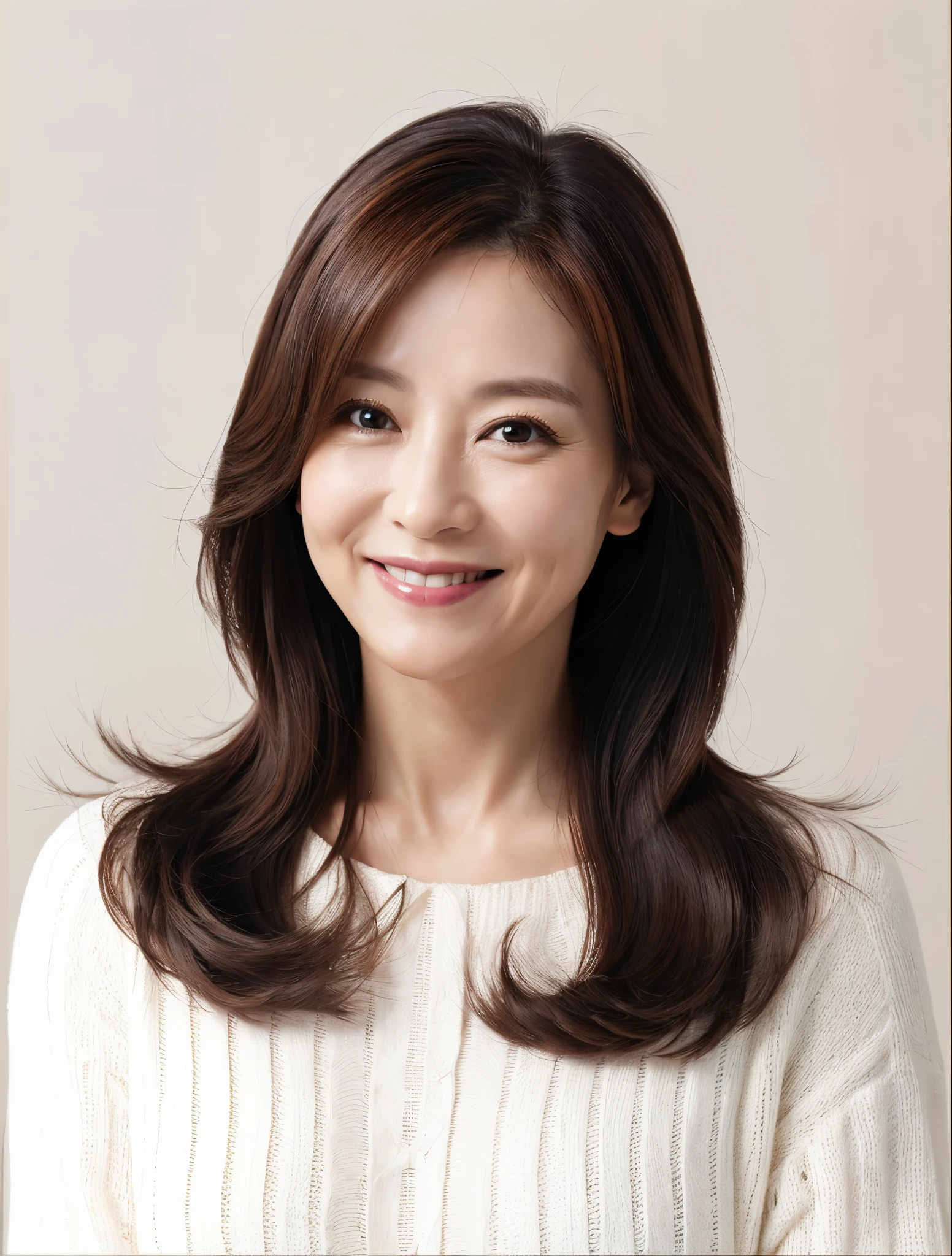 （In reality， high resolution：1.3, masterpiece, 8K, best quality, ultra detailed, studio shoot, photo realistic:1.4, photography), 40 years old korean woman,smile,radiant hair, elastic hair