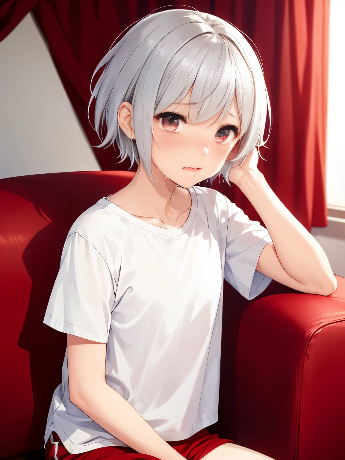 1girl,short hair,Crying, Hand on cheek,sad, tears coming out,silver hair,White t-shirt, red short,Sitting on red sofa,closed eyes