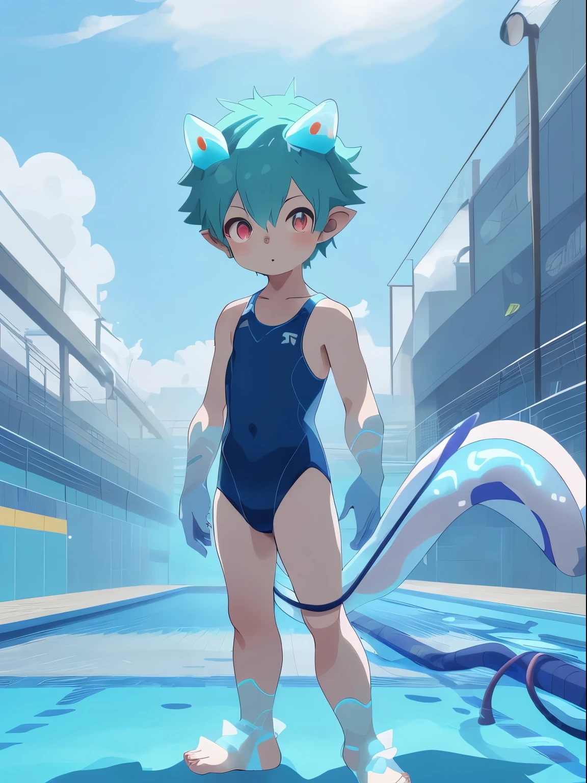 Anime boy wearing swimsuit standing in the swimming pool, Low polygon rendering by Shitao, Hot topics on pixiv, concept art, artstation Hot topics on pixiv, stylized anime, guweiz style artwork, anime style. 8k, clean detailed anime style, eyes glow, High quality anime art style, Cute glowing creatures